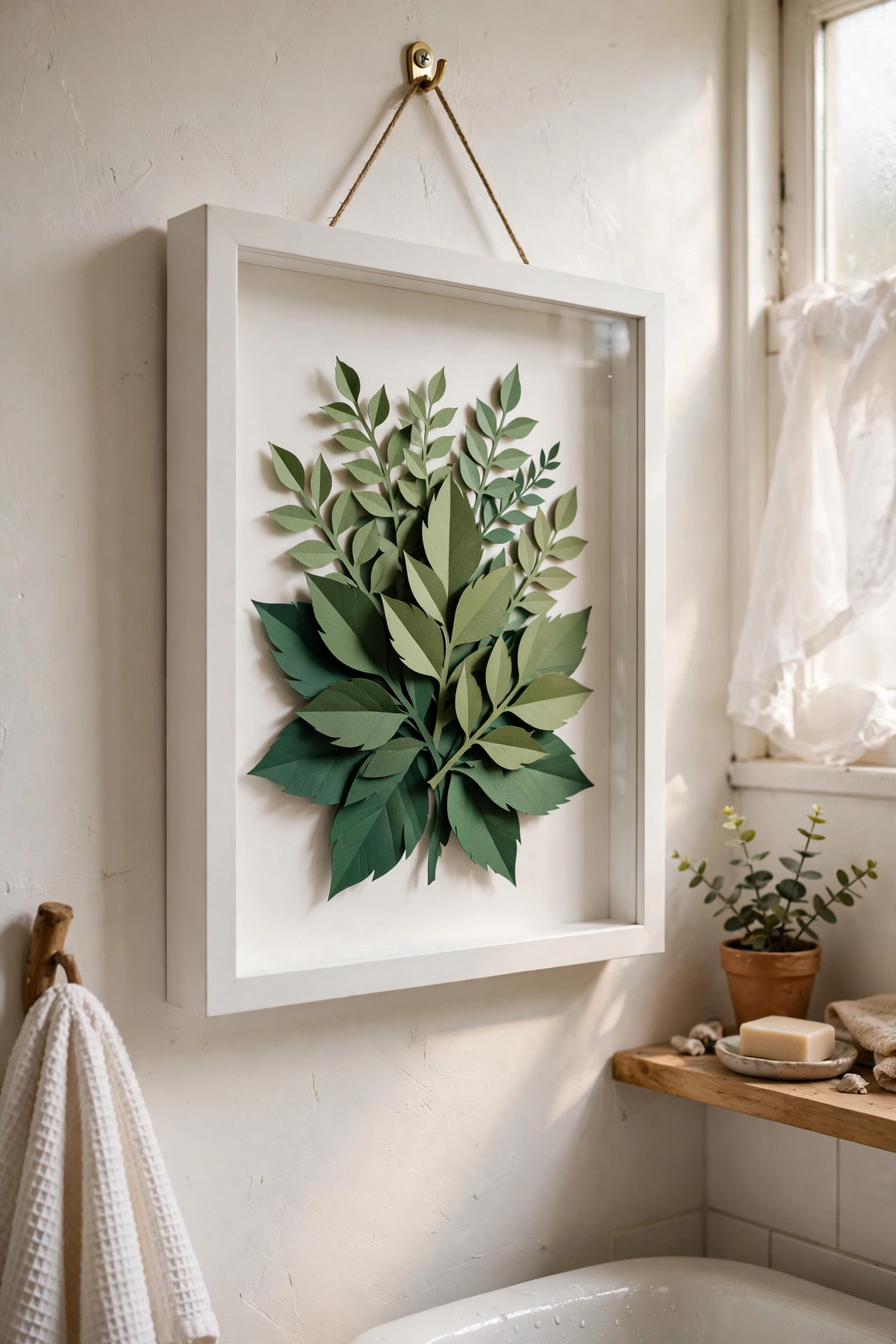 Layered paper leaf art in greens inside a deep shadow-box frame