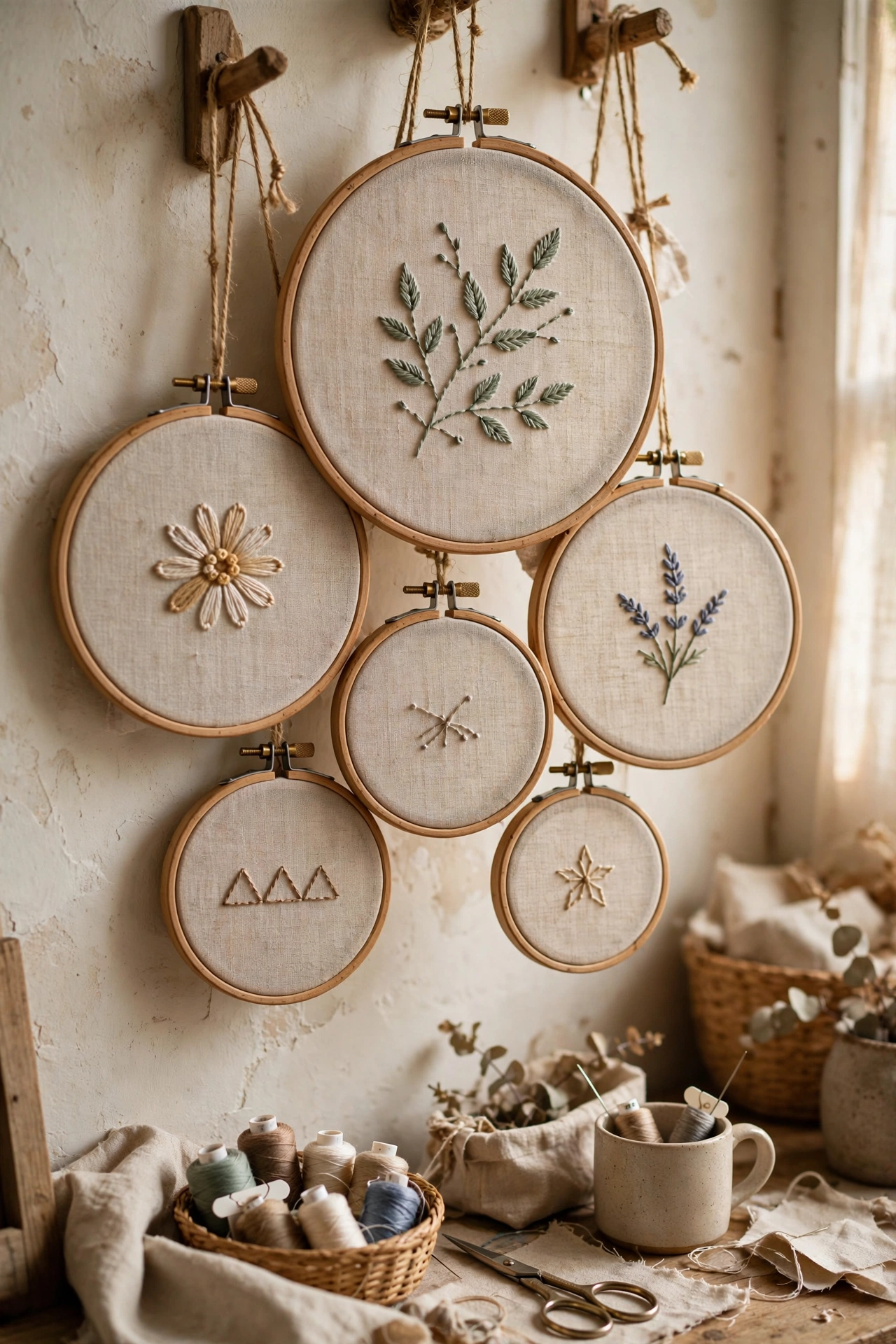 Cluster of embroidery hoops with linen and simple stitching as textile wall art