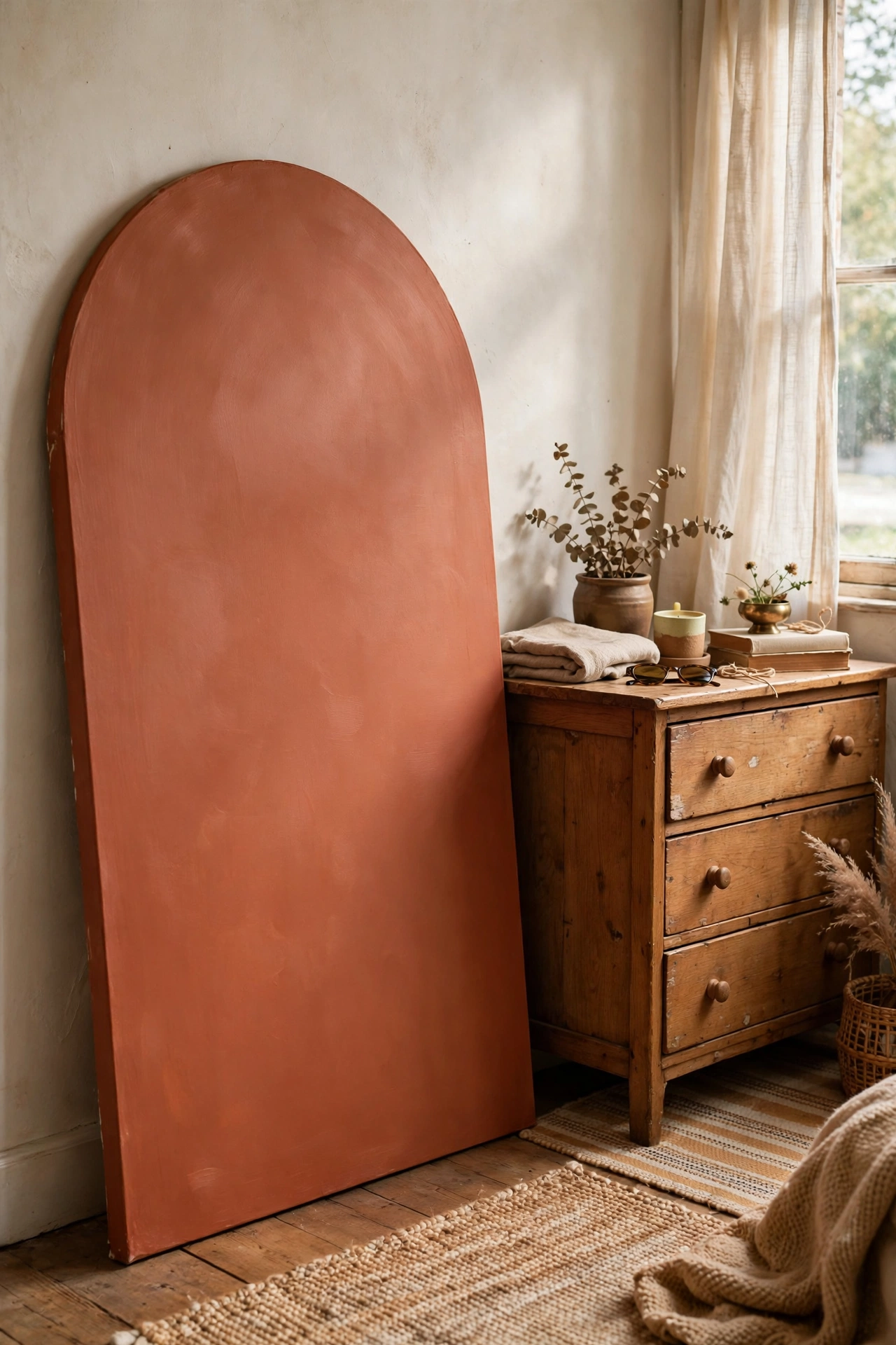 Oversized arched canvas in warm terracotta colour on a bedroom wall