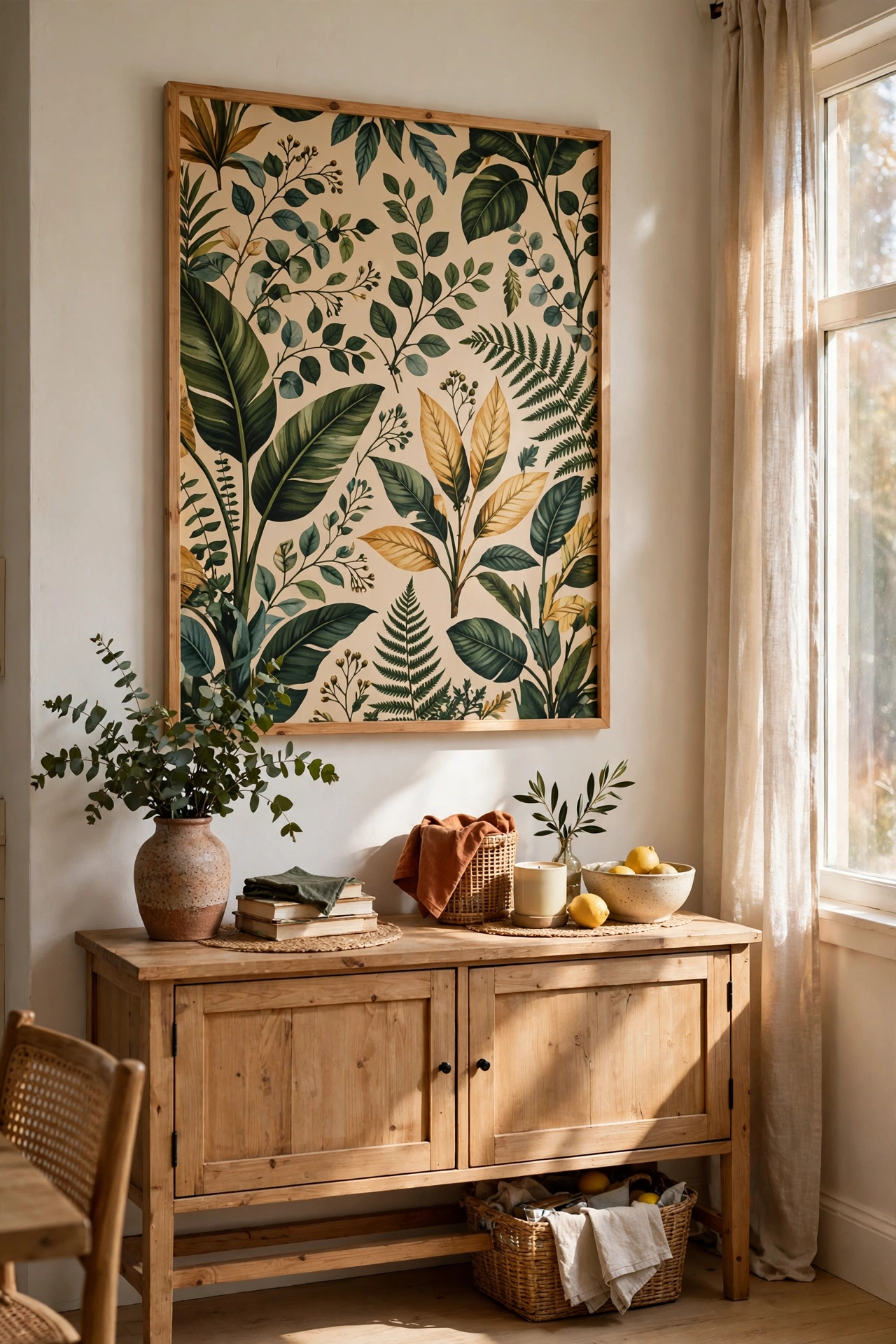 Bold botanical wallpaper panel framed as statement art in a dining room
