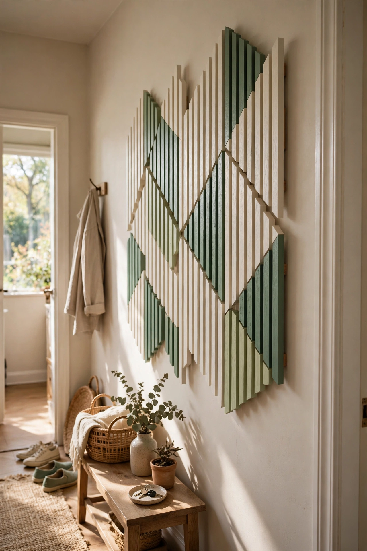 Sculptural wall art of painted wooden slats in cream and sage tones