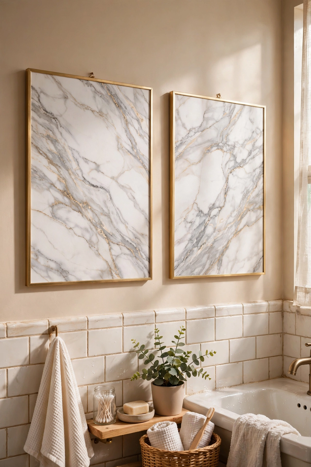 Pair of faux marble prints in thin gold frames in a bathroom