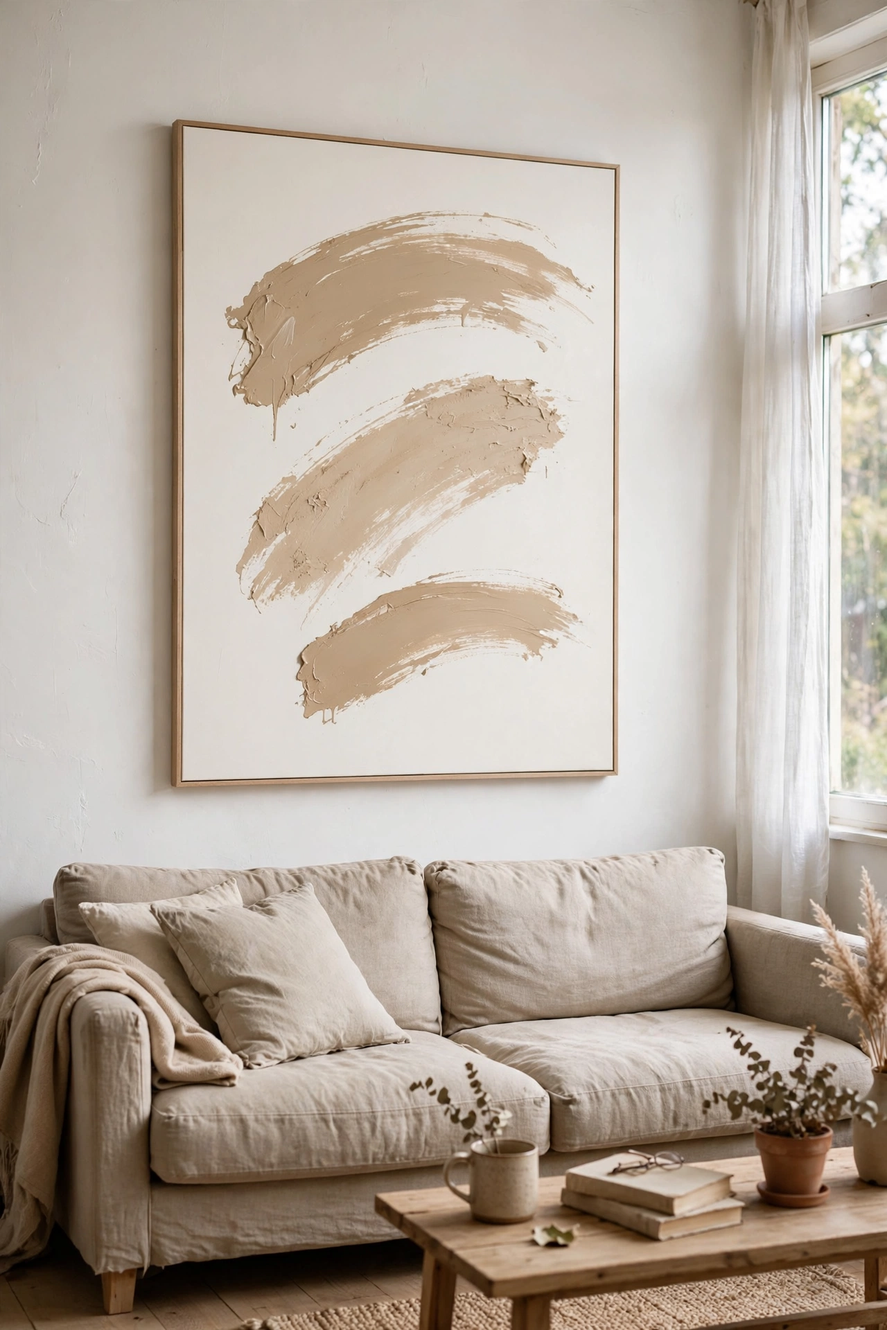 Large canvas with three beige abstract brush strokes on a white living room wall