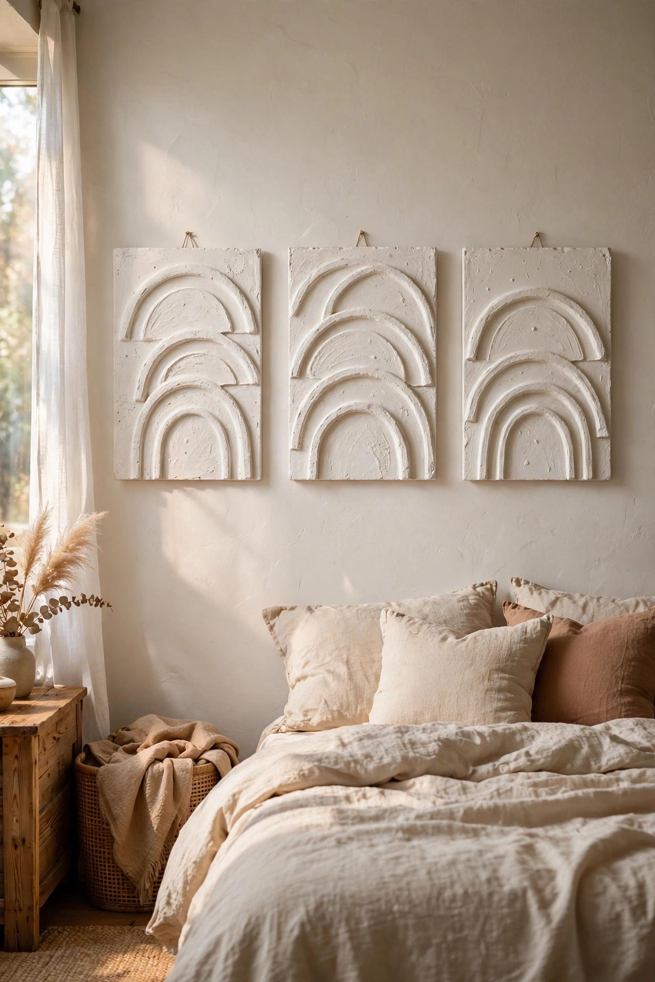 White textured plaster relief art panels with carved arcs on a bedroom wall
