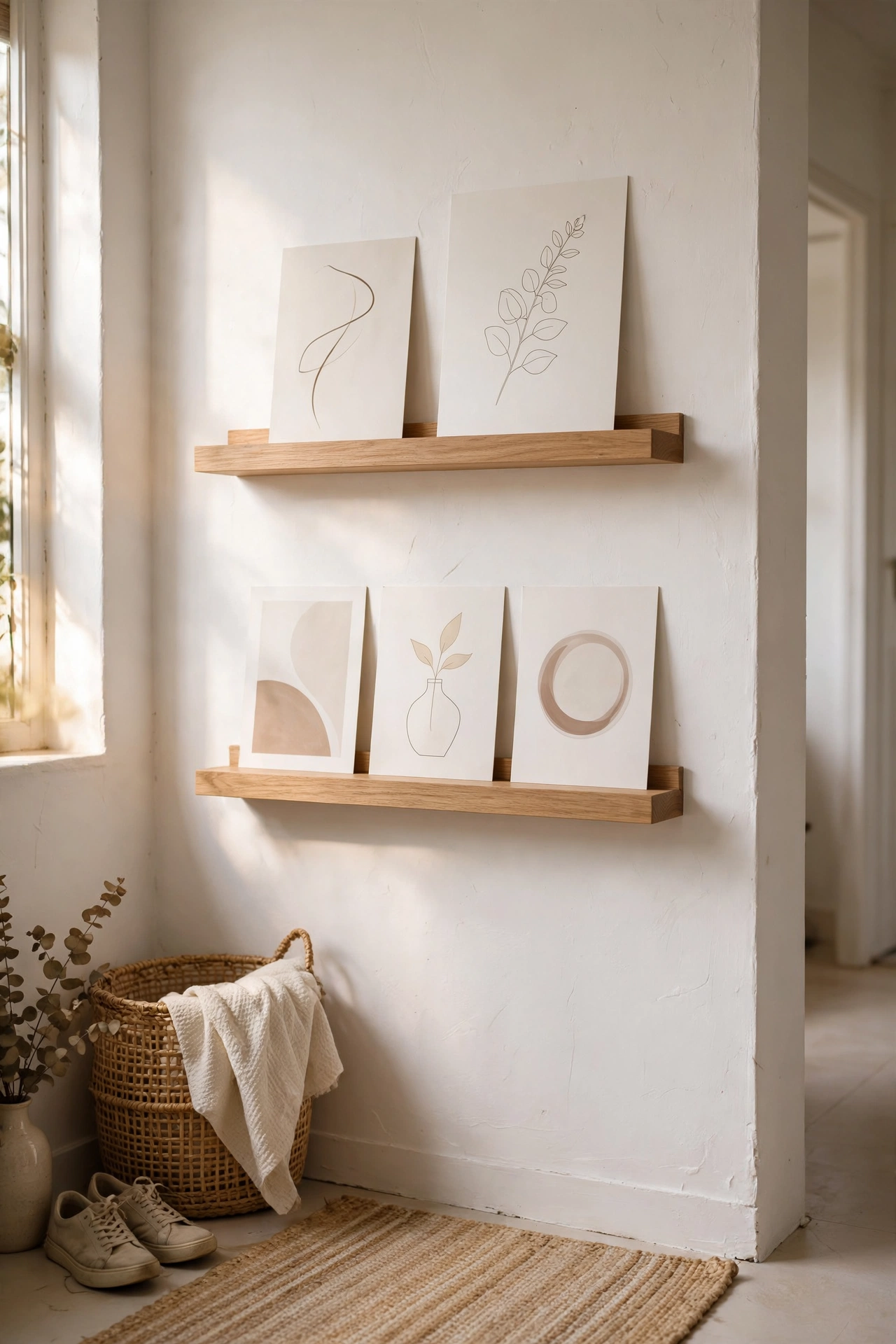 Two floating oak picture ledges with minimal art prints in a bright hallway