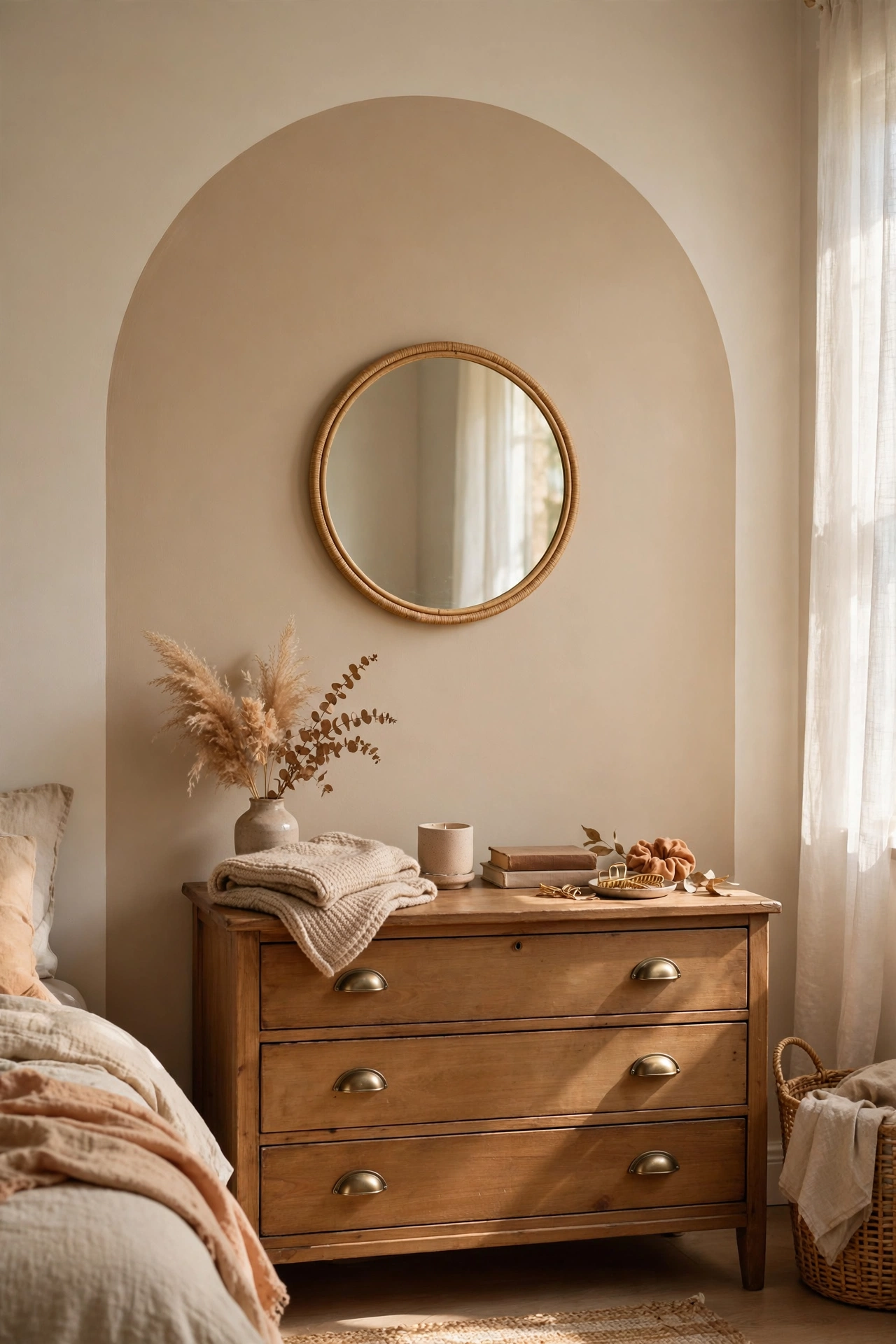 Round mirror centred on a painted greige arch accent on a bedroom wall