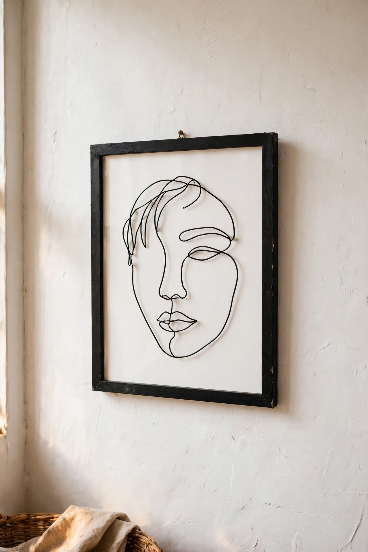 Black wire continuous-line portrait mounted in a thin frame on a white wall