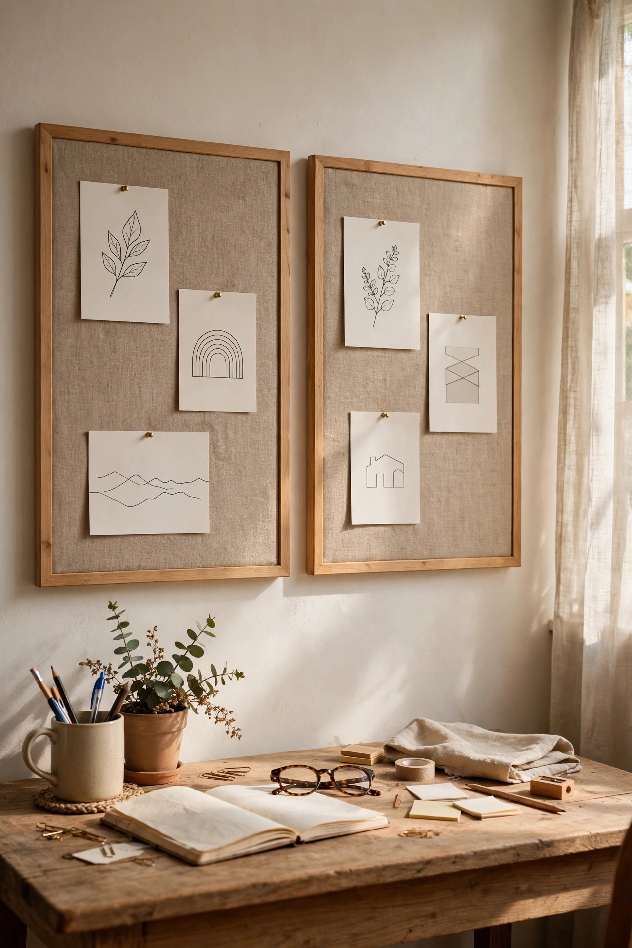 Pair of natural linen covered pin boards with a few prints in a home office