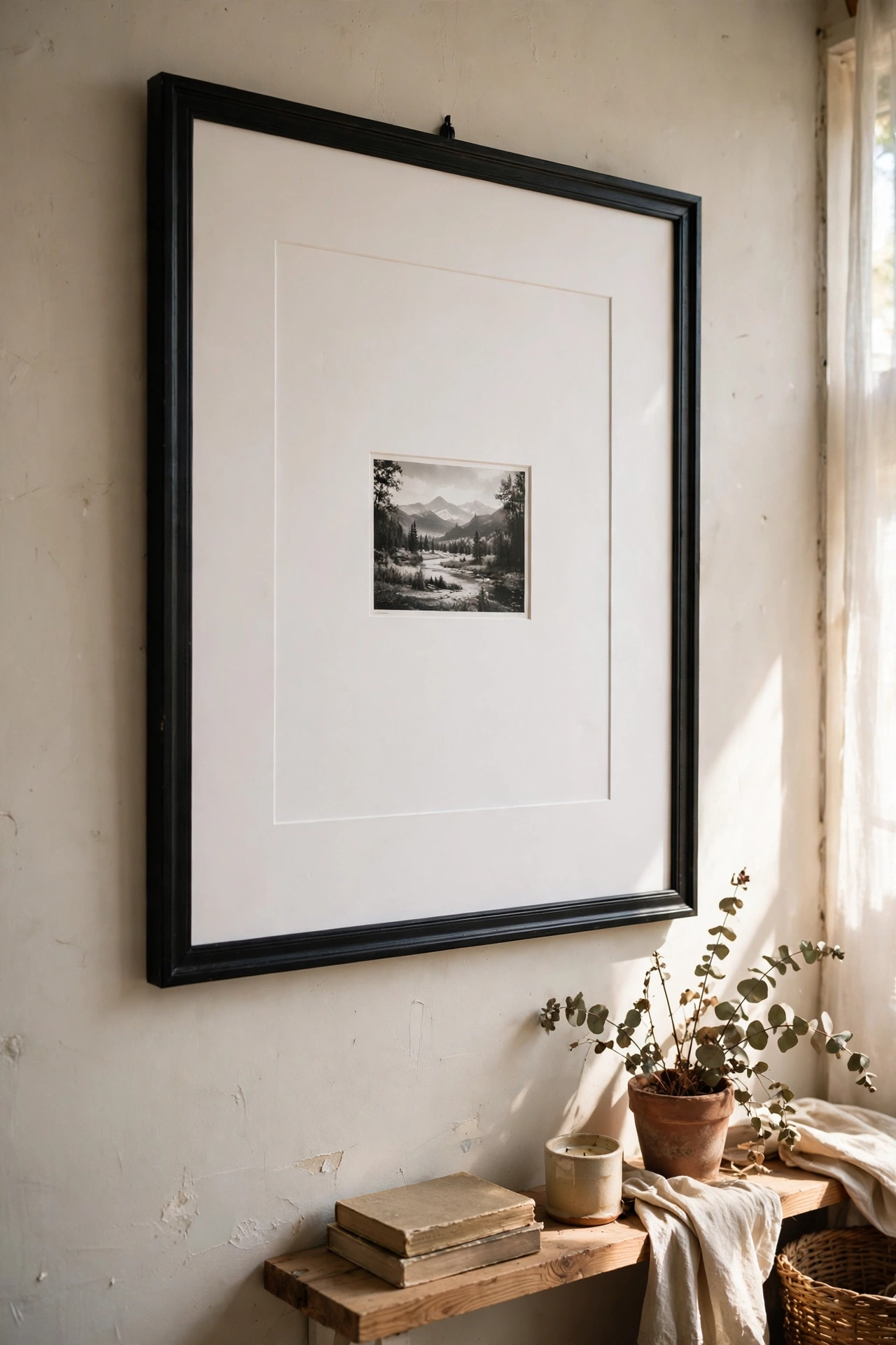 Large black frame with oversized white mat and small landscape print