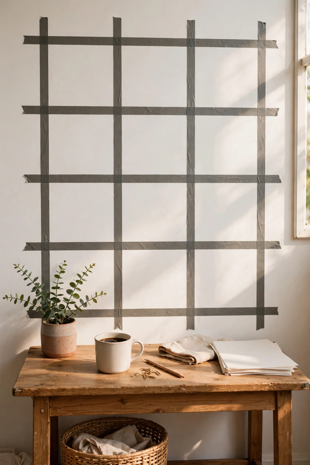 Matte washi tape grid pattern on a white wall behind a minimalist desk