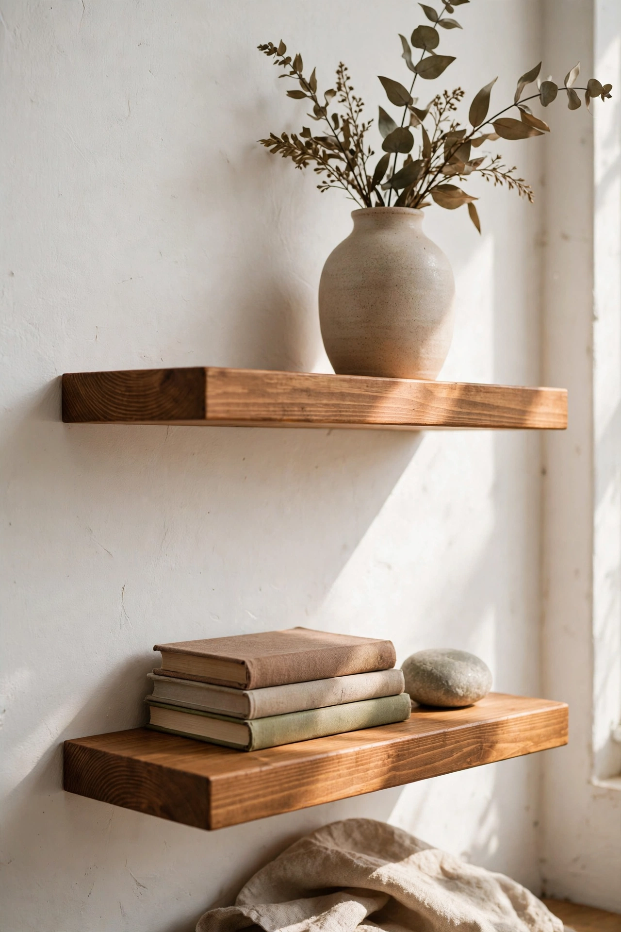 Two floating pine shelves styled with a vase books and a stone