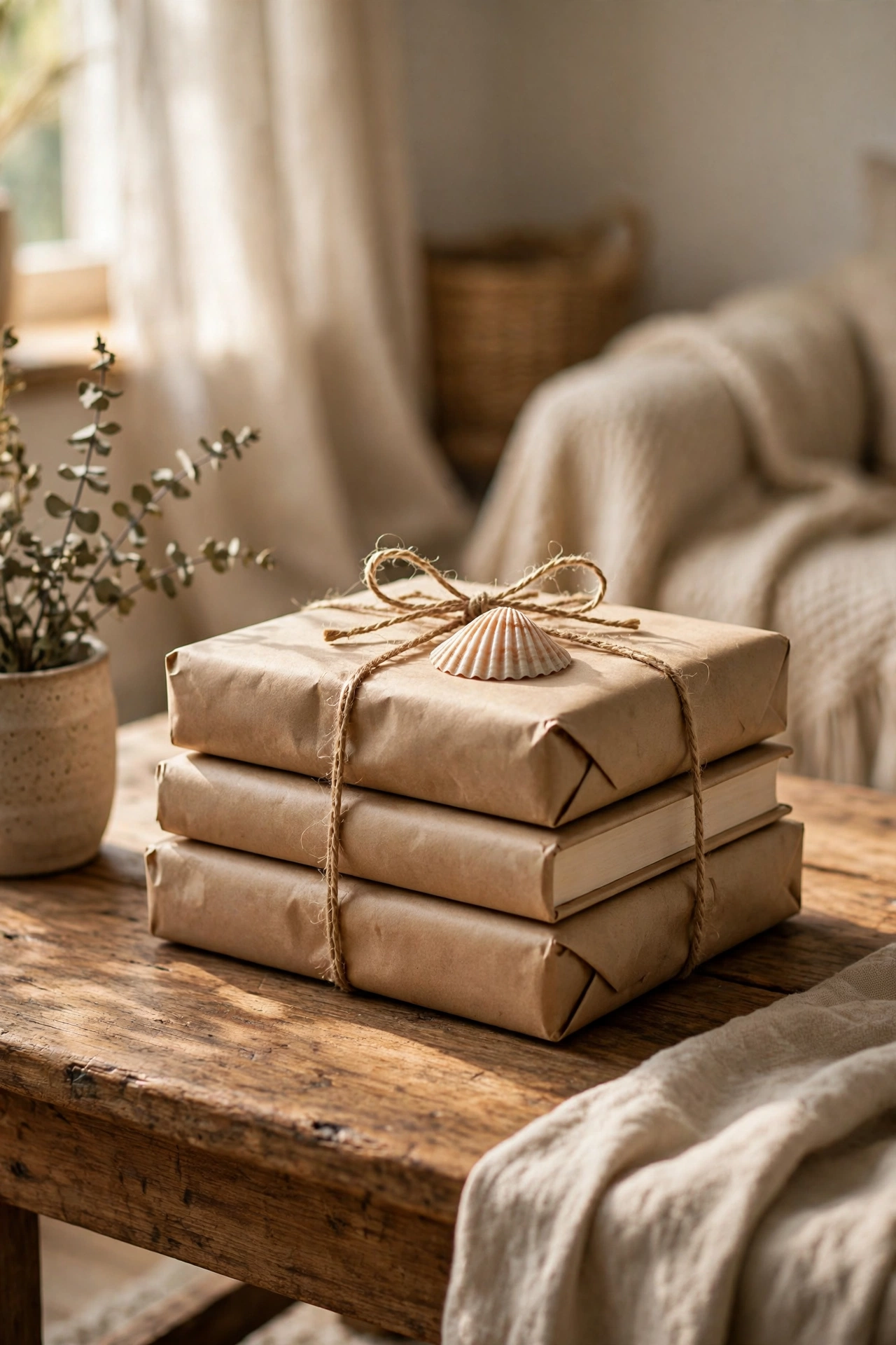 Stack of kraft paper wrapped books with twine on a coffee table