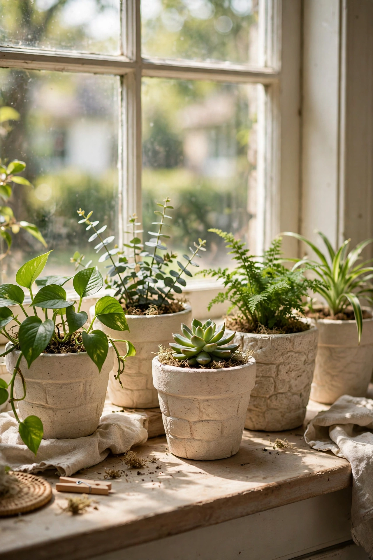 Chalky stone-effect painted plant pots grouped on a windowsill
