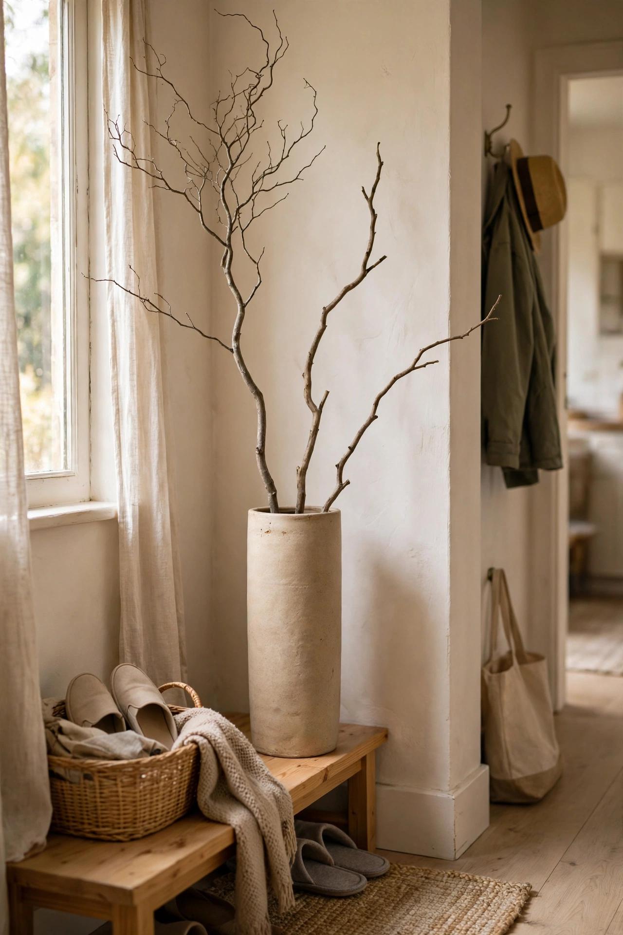 Three bare branches in a tall cylindrical vase in an entryway
