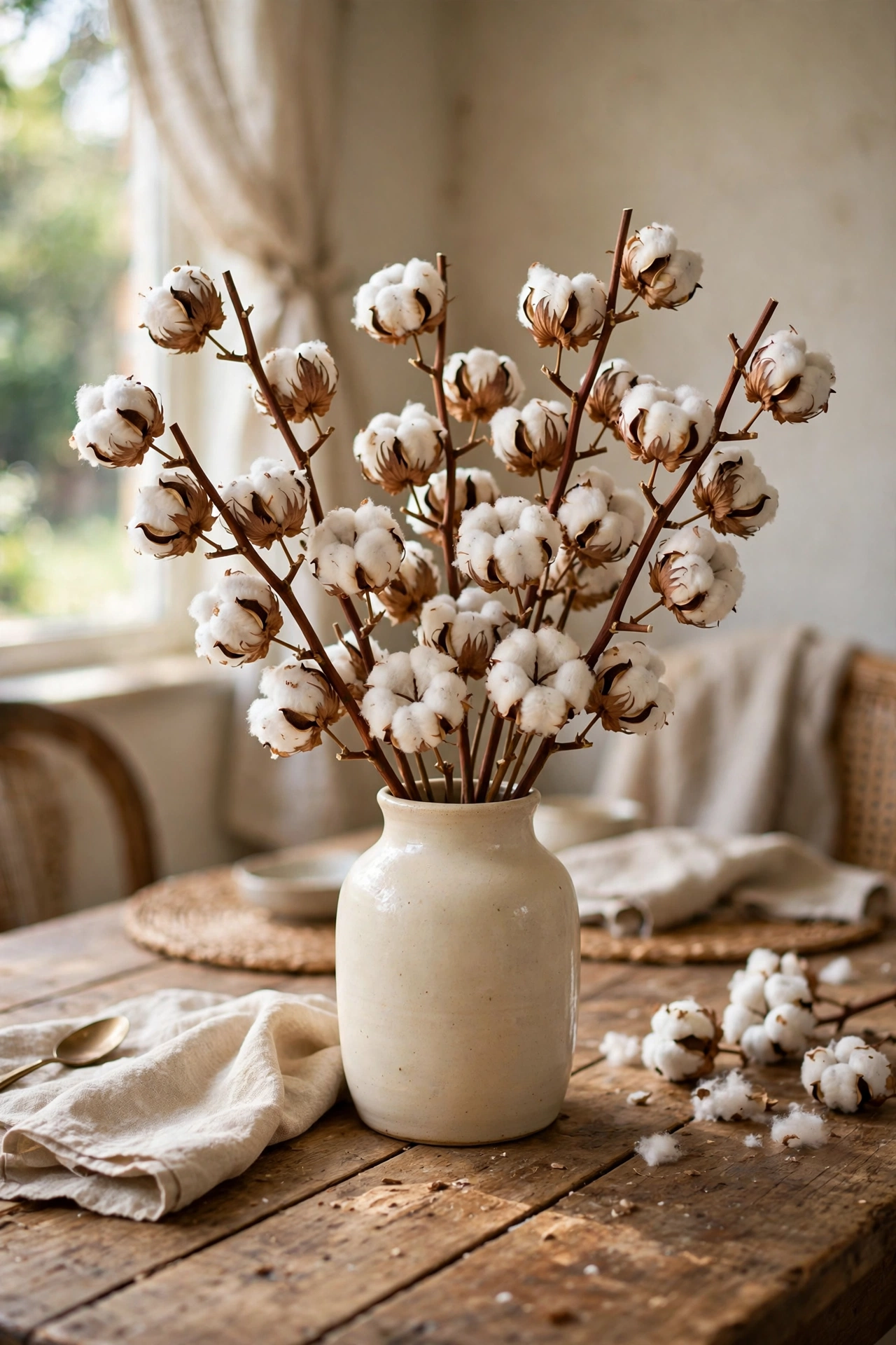 Dried cotton stems fanned in a cream ceramic vase on a dining table