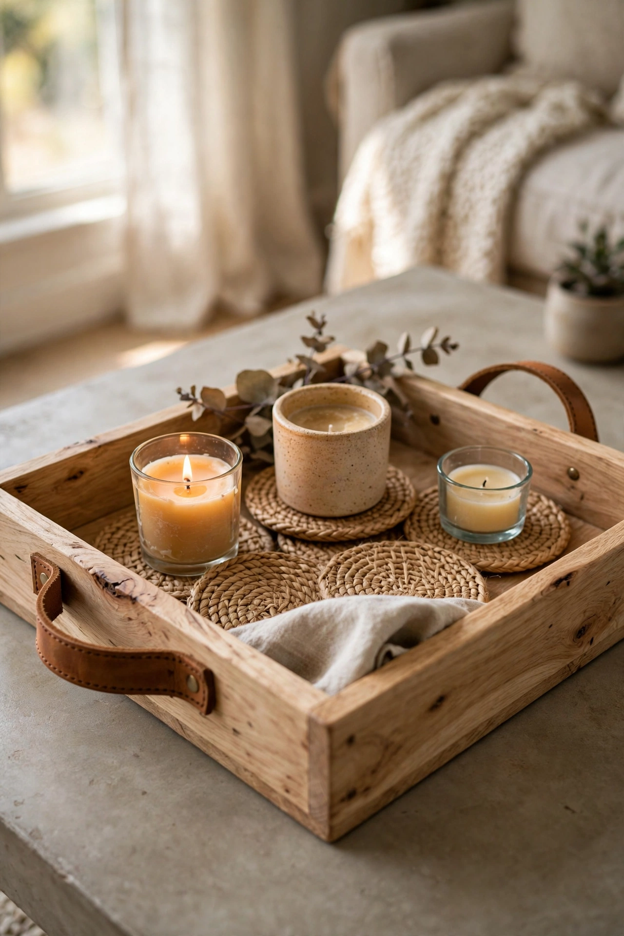 Handmade oak stained wooden tray with candles on a coffee table