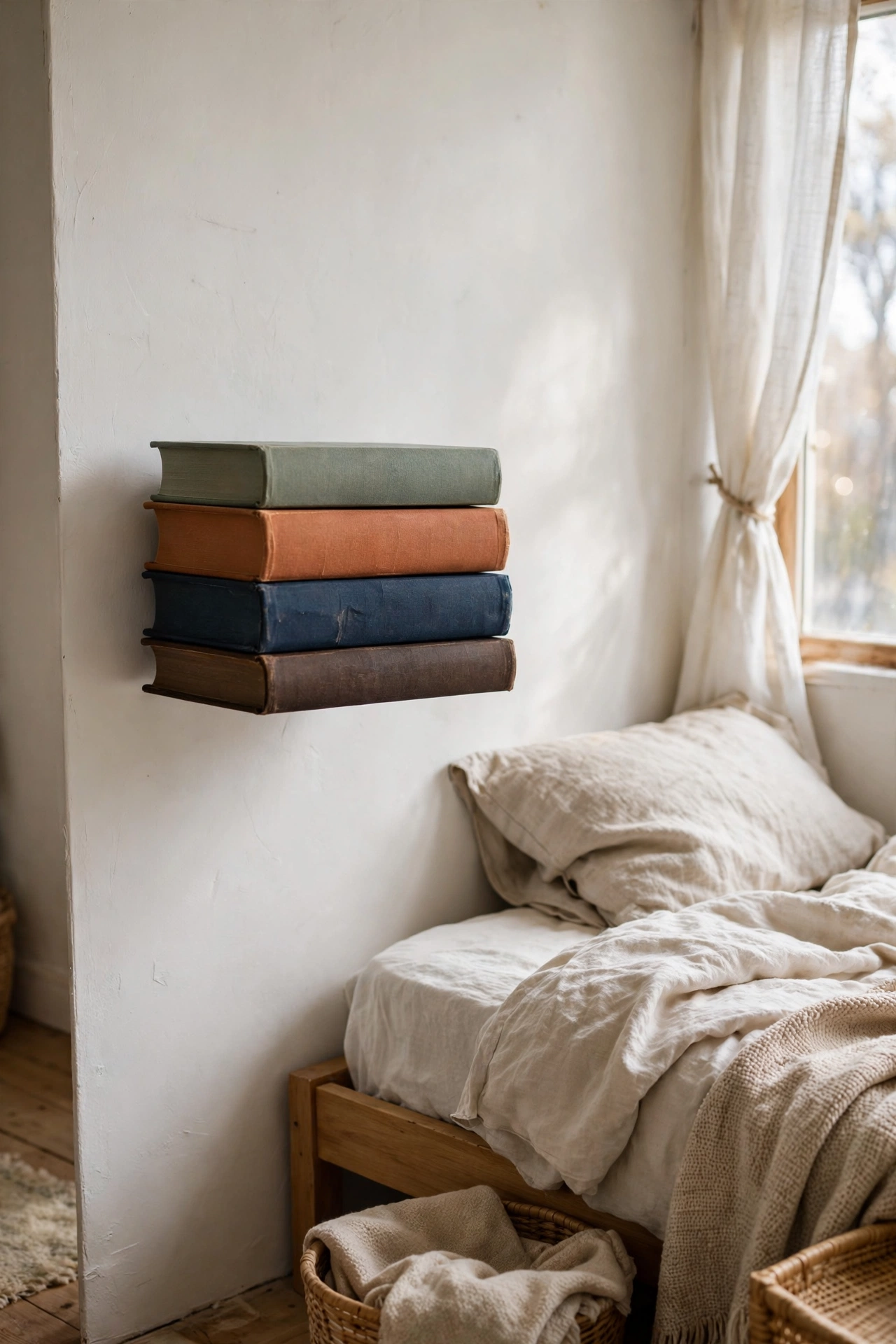 Stack of books appearing to float on a bedroom wall