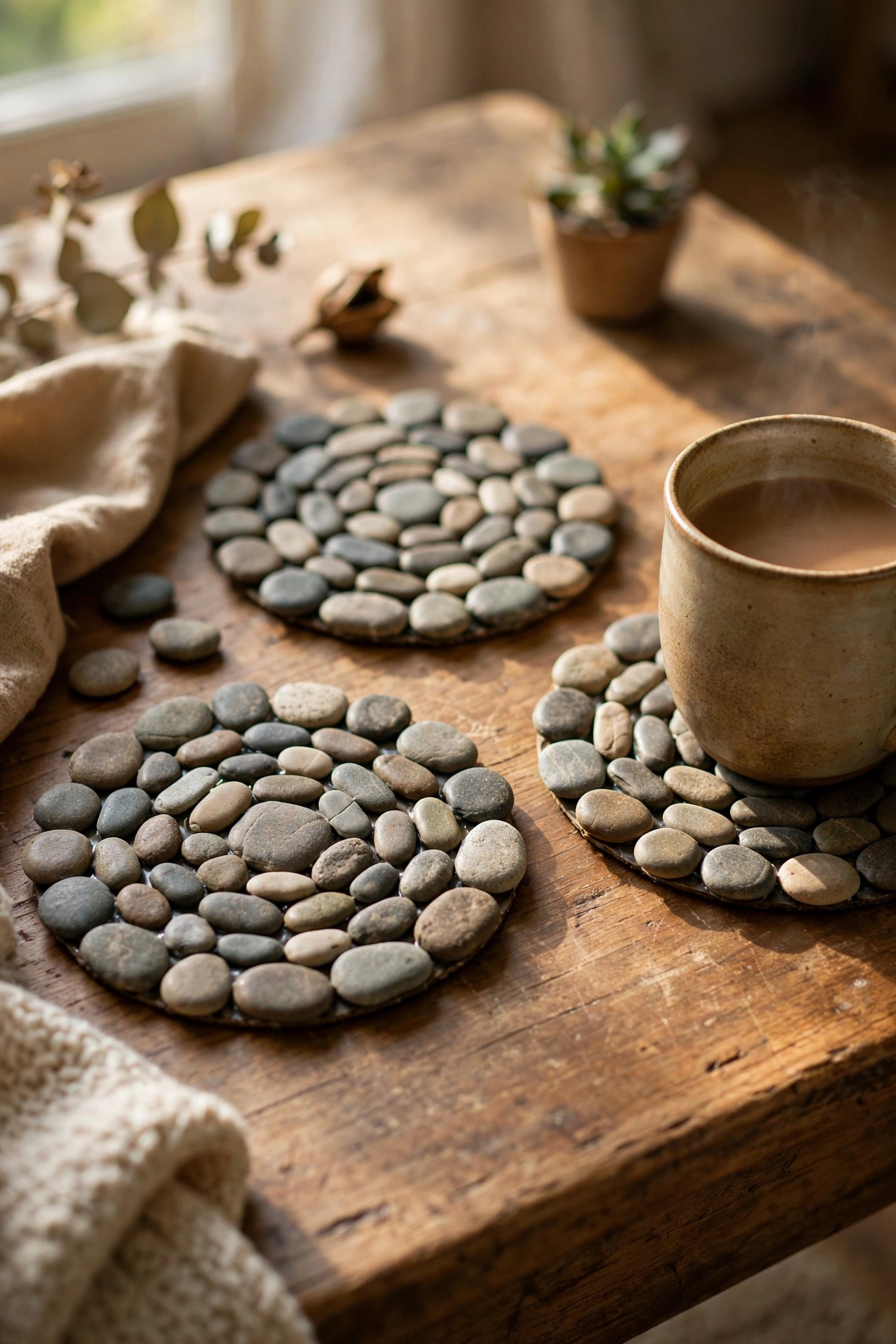 Handmade flat river pebble coasters on a wooden coffee table