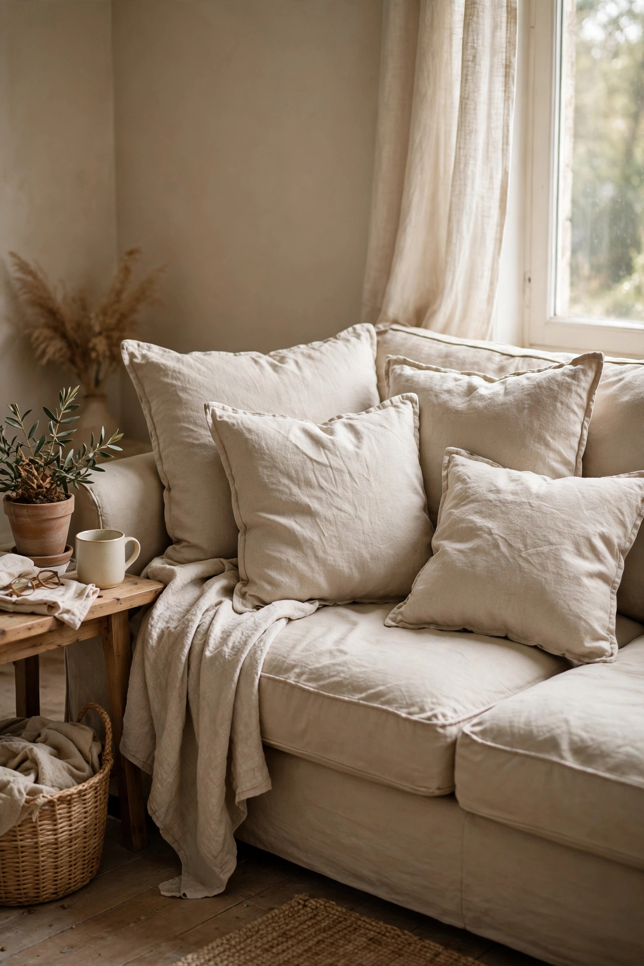 Natural oatmeal linen cushion covers on a beige sofa