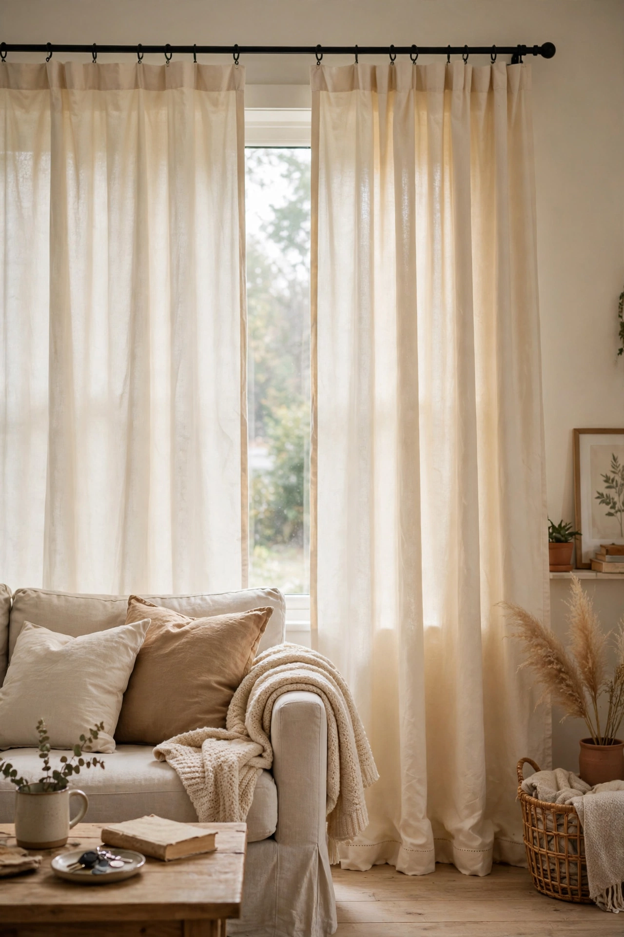 Cream drop cloth curtains hanging on a black rod in a living room
