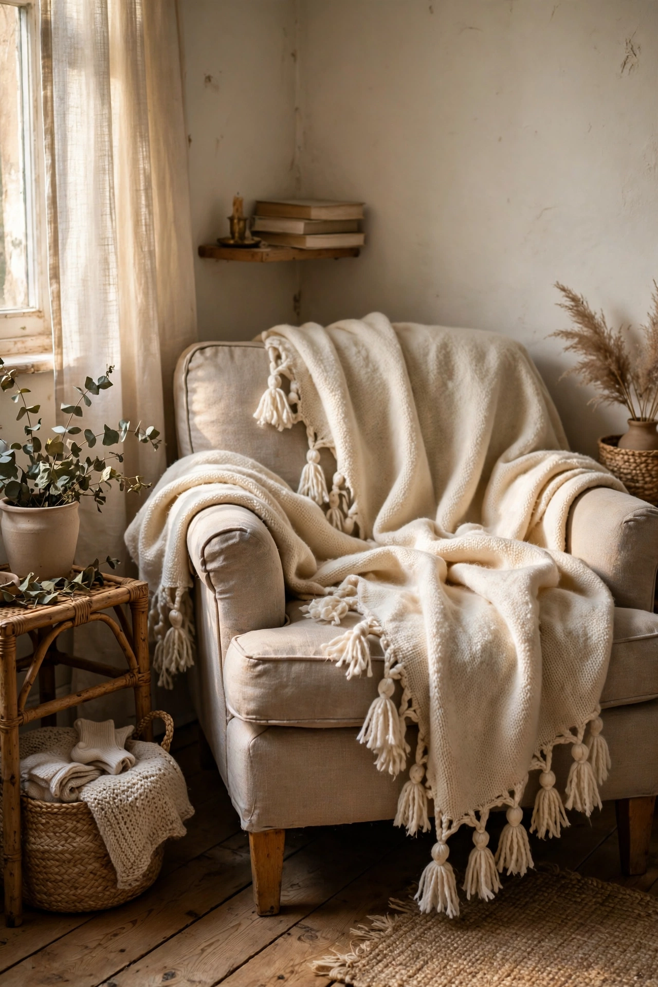Cream wool blanket with hand knotted fringe draped over an armchair