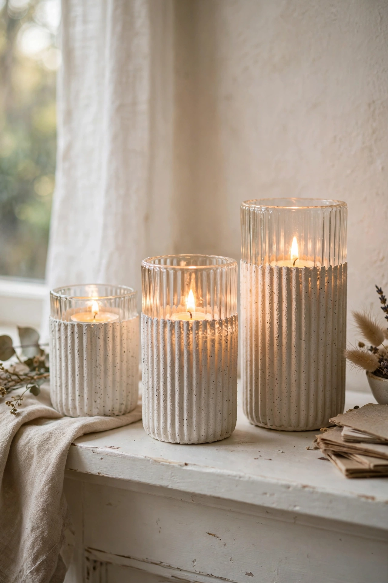 Three ribbed texture candle holders glowing on a mantel