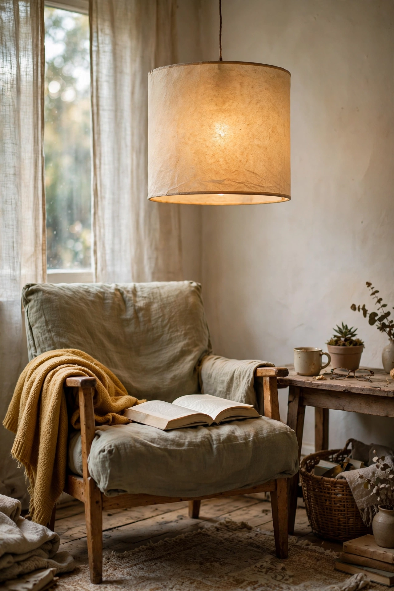Warm glowing parchment paper pendant shade over a reading chair