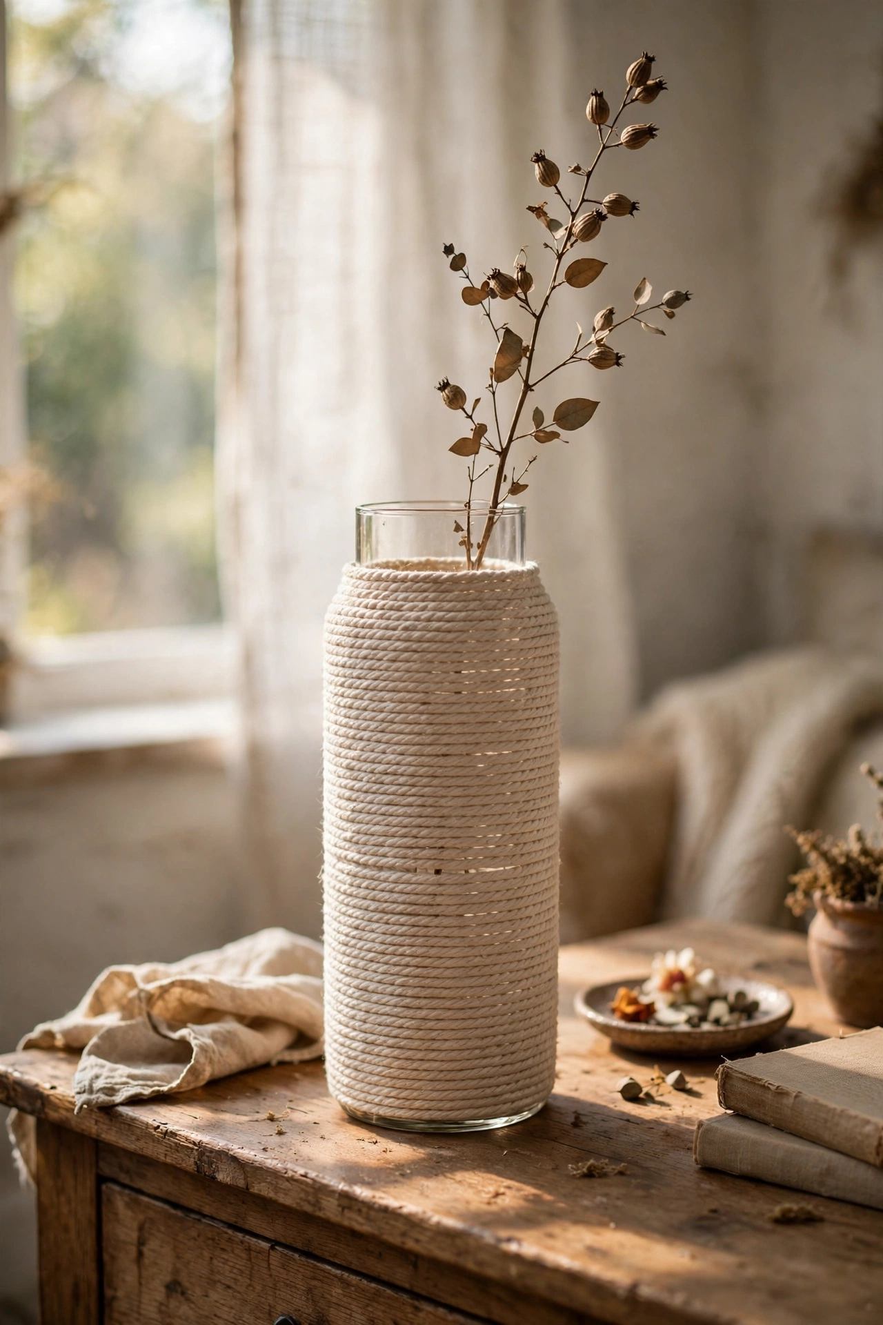 Cylinder vase wrapped in natural cotton cord with a dried stem