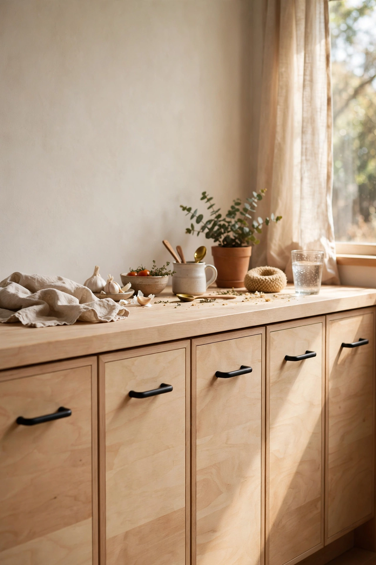 Kitchen drawers with matte black sprayed handles