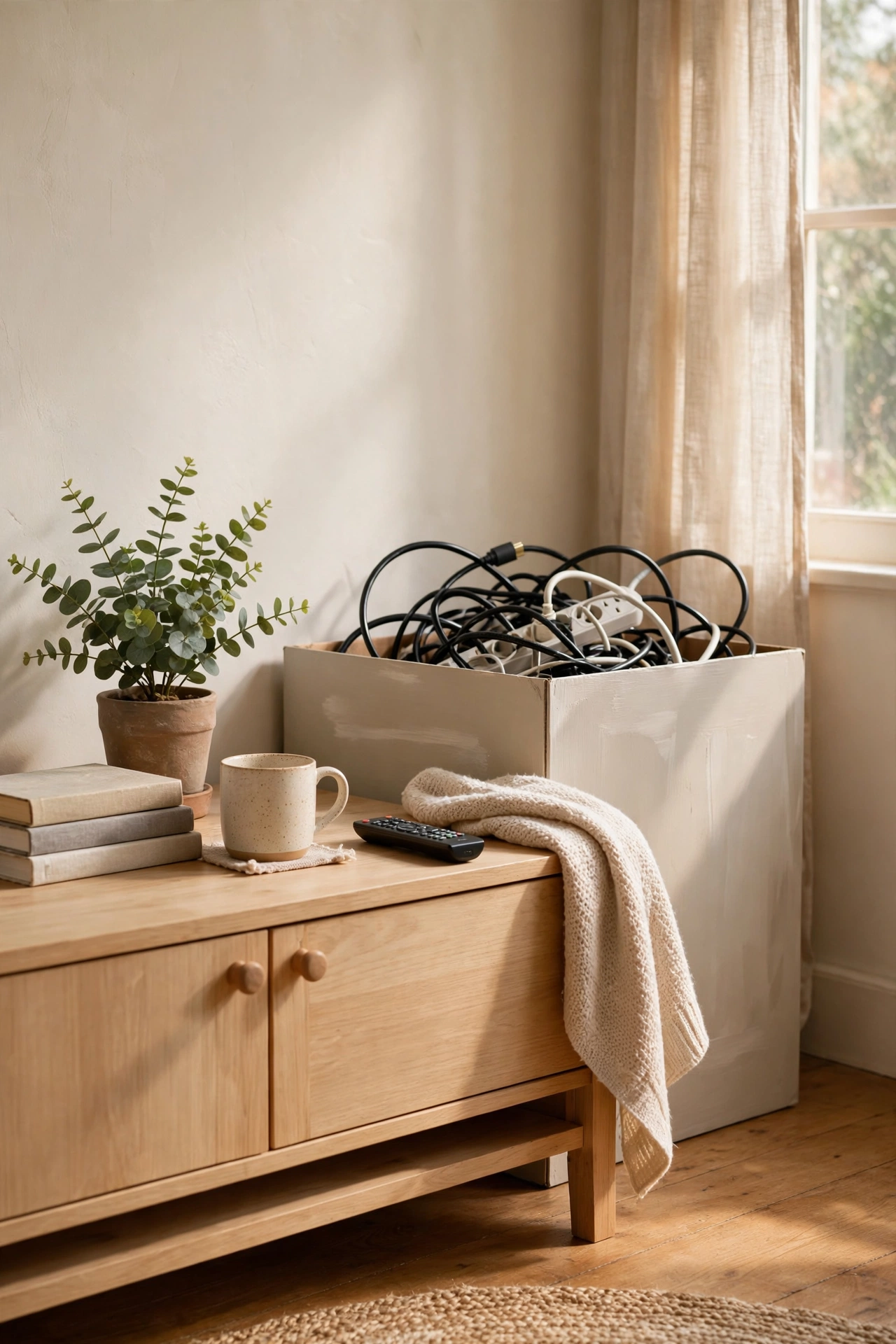 Painted box hiding television cables against a neutral wall