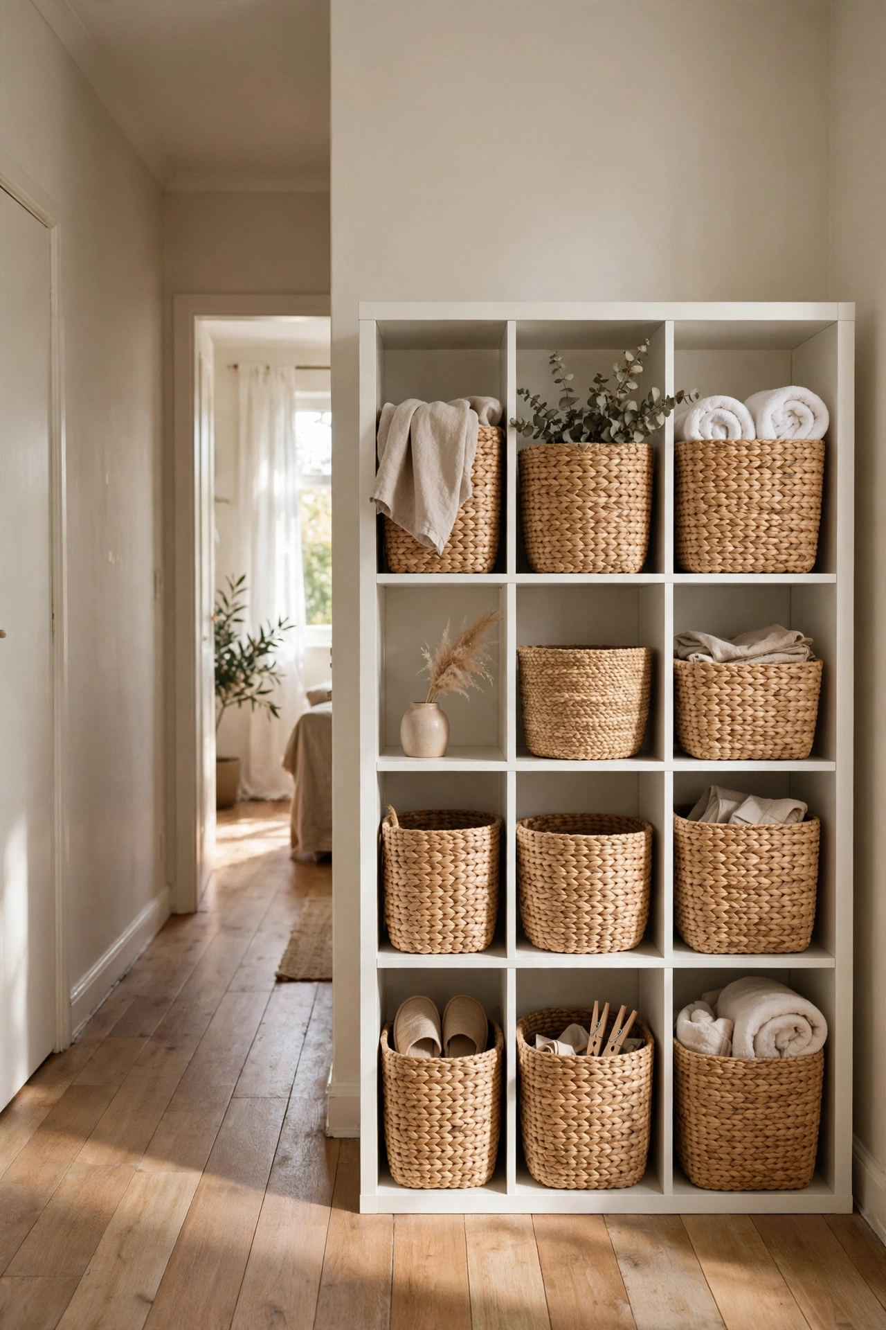 Matching seagrass baskets in white shelving cubes in a hallway