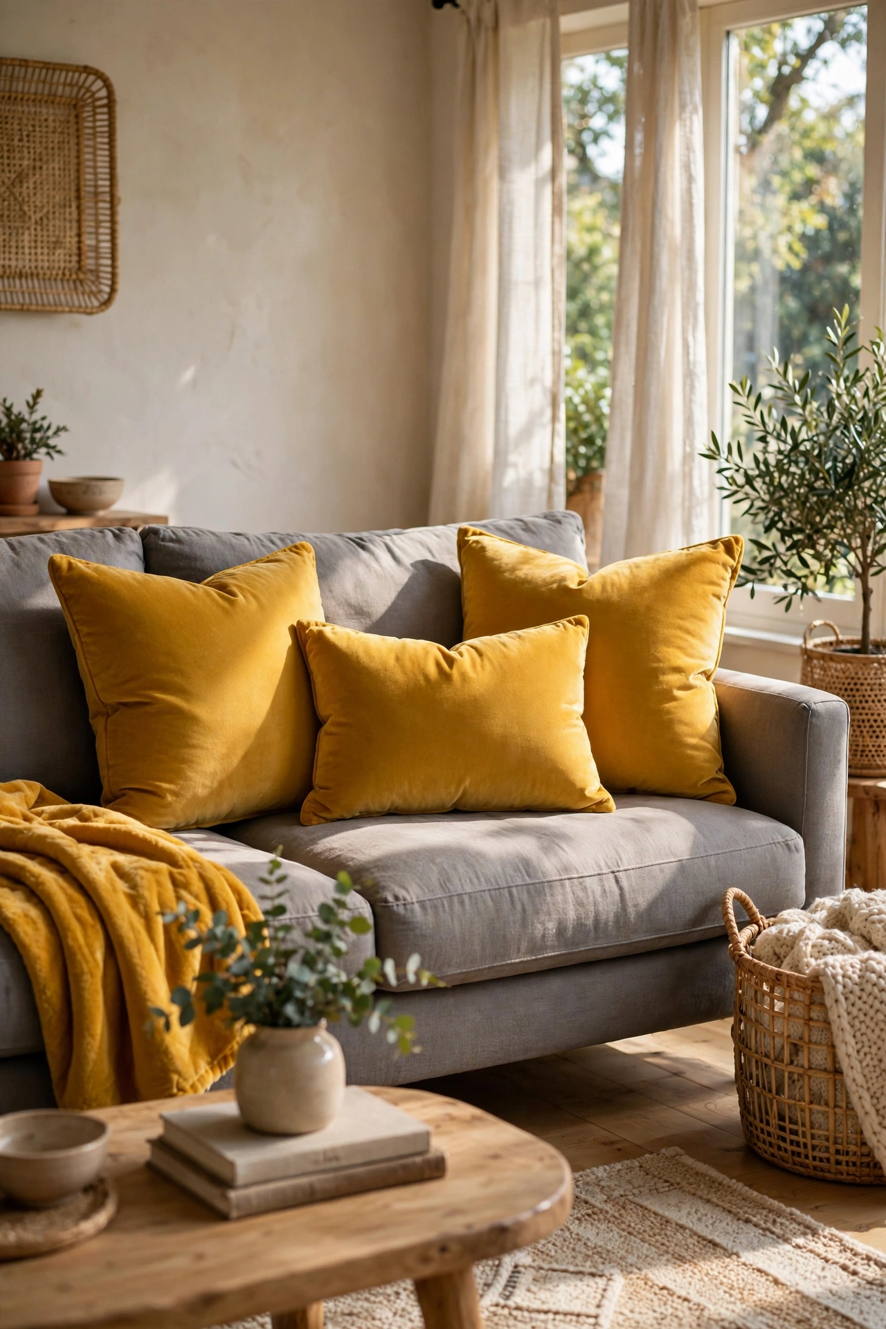 Mustard velvet throw pillow covers on gray sofa in budget living room