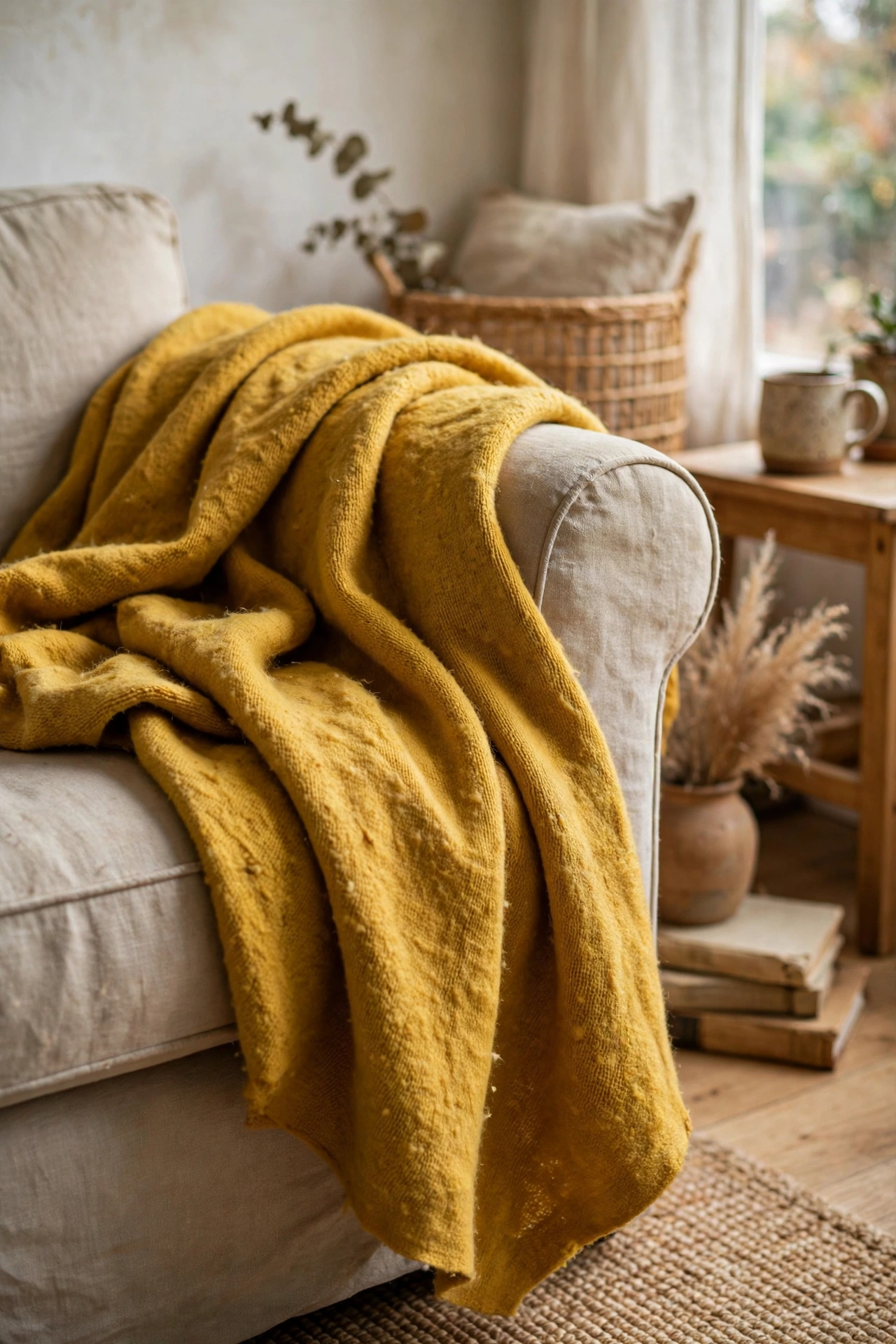 Thrifted mustard wool throw blanket draped over sofa arm