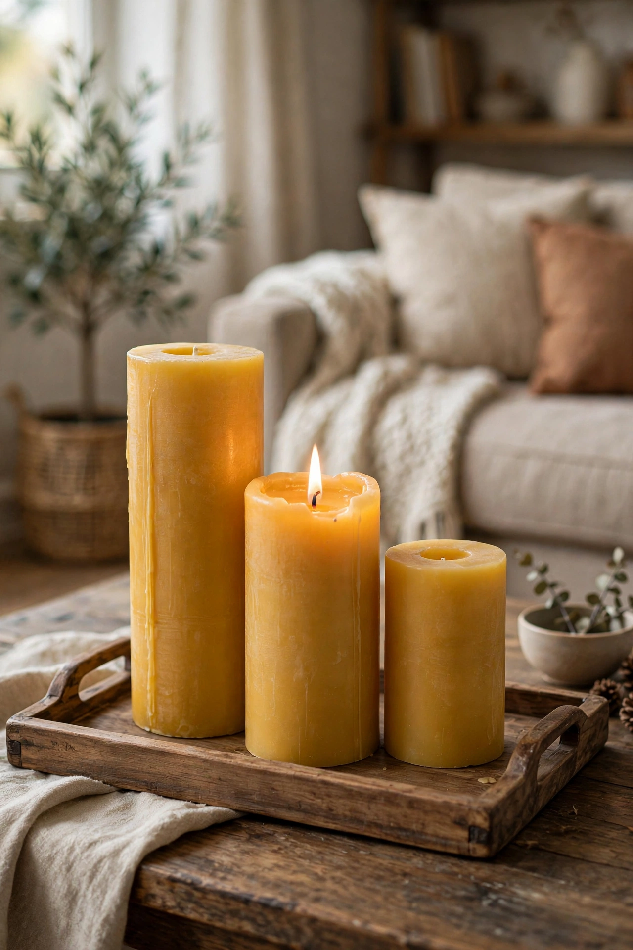 Mustard pillar candles in different heights grouped on wood tray