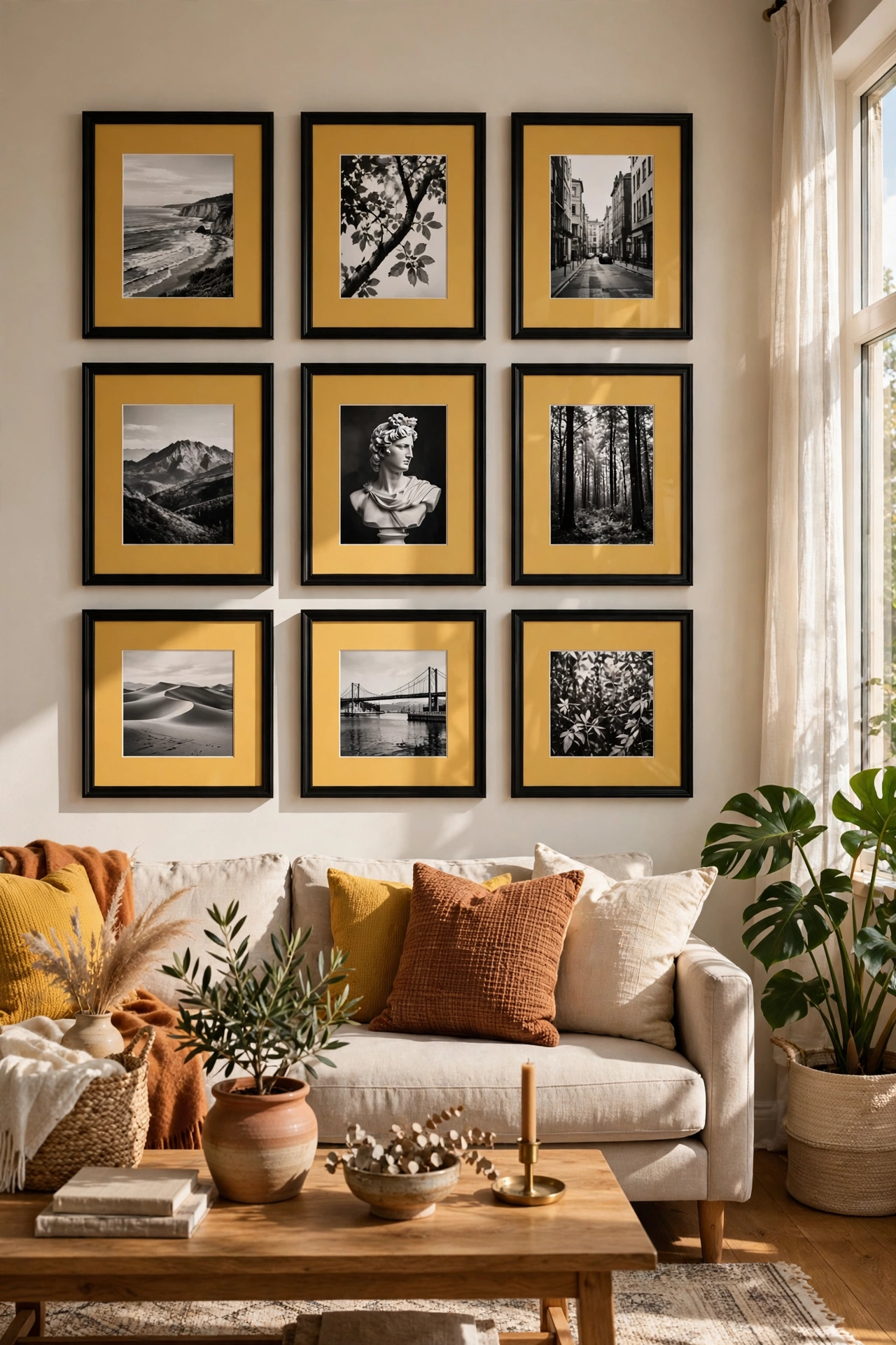 Black and white photos with mustard picture mats in gallery wall