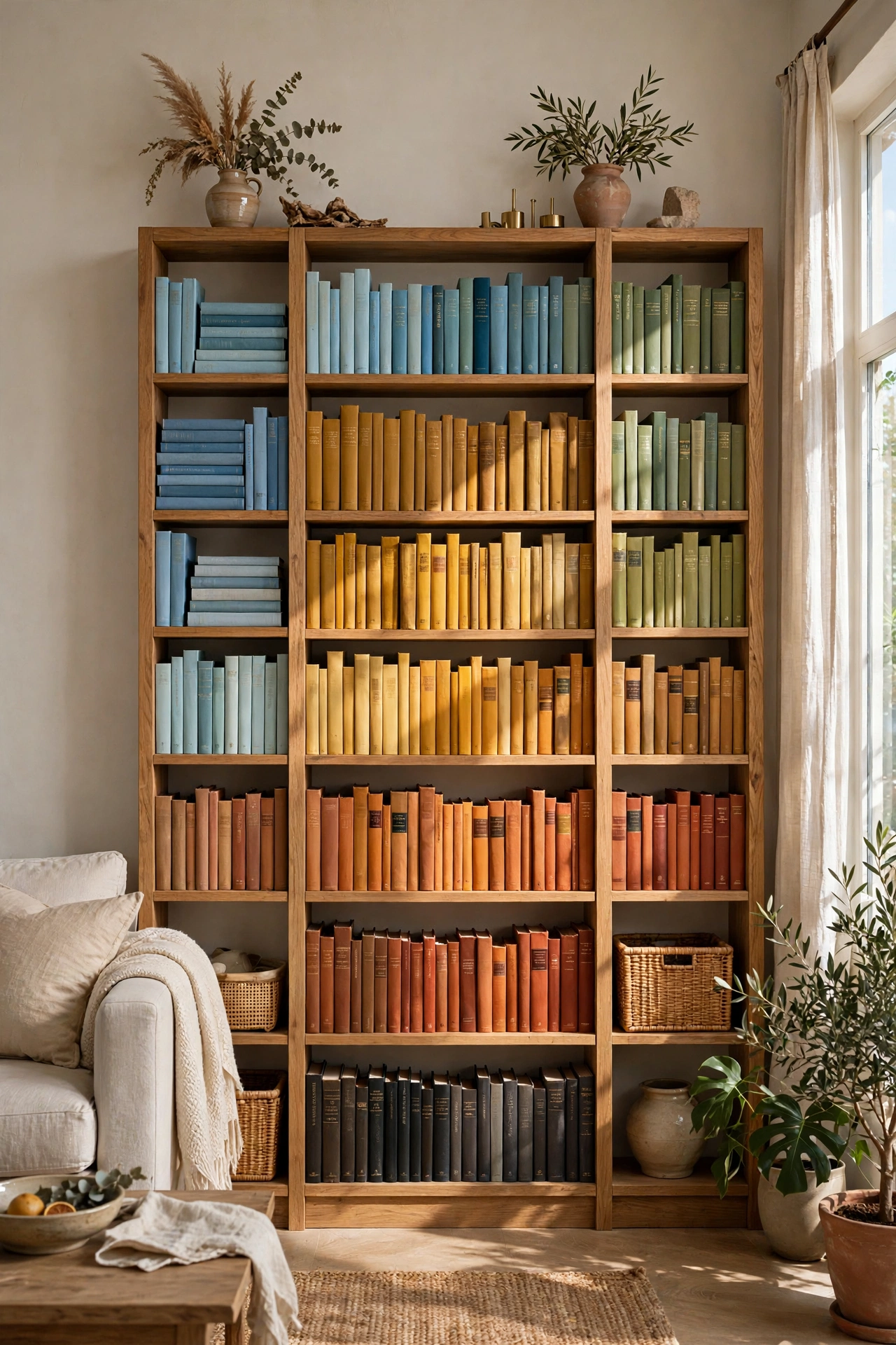 Bookshelf with mustard and gold book spines grouped by color