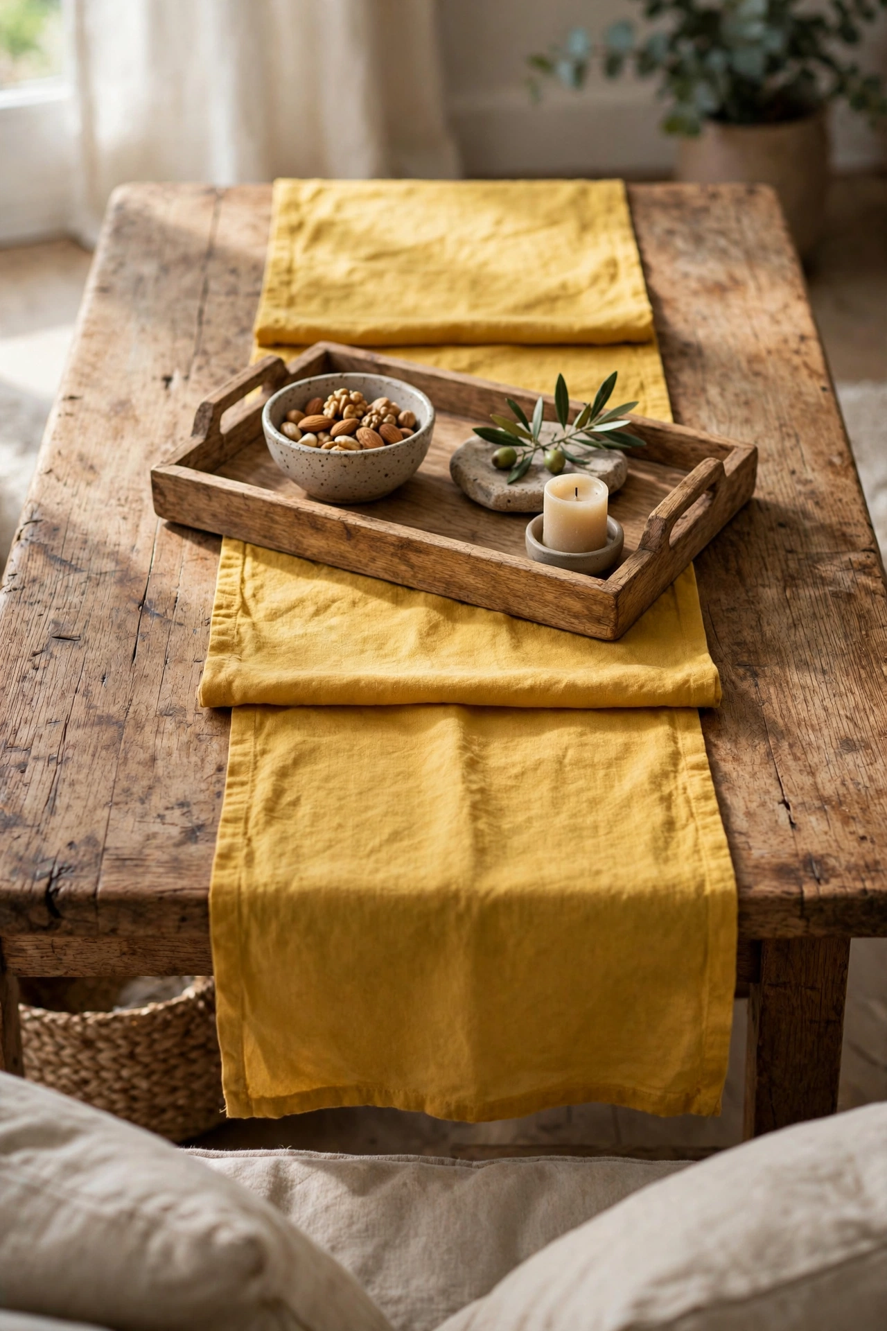 Mustard cloth napkins laid as table runner on coffee table