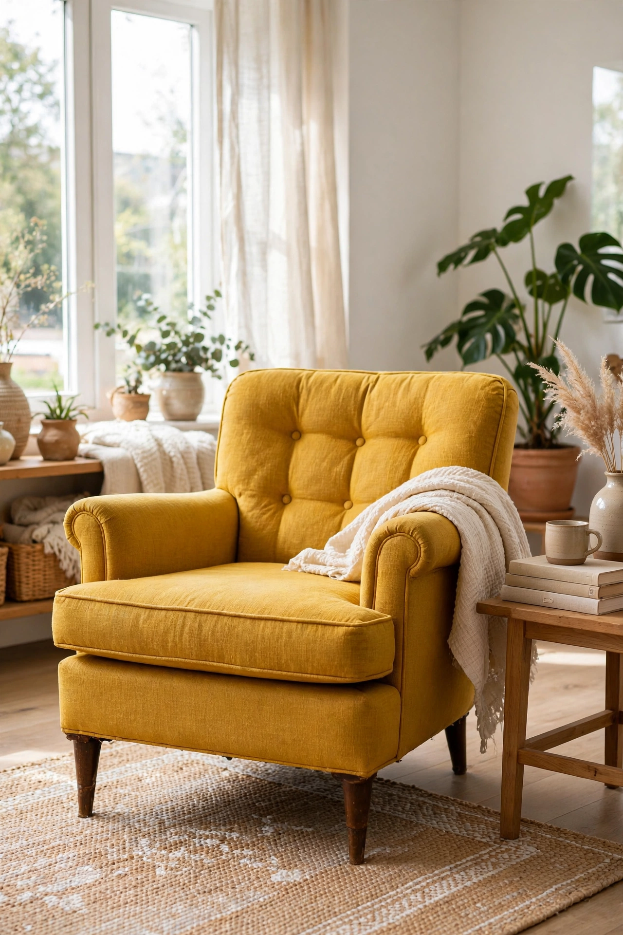 Thrifted armchair reupholstered in mustard fabric in living room
