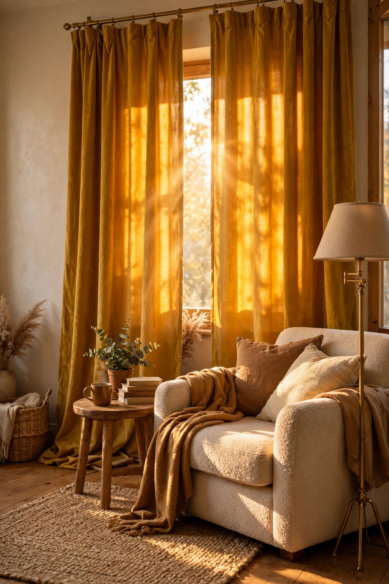 Mustard velvet curtains with honey light filtering through in reading corner