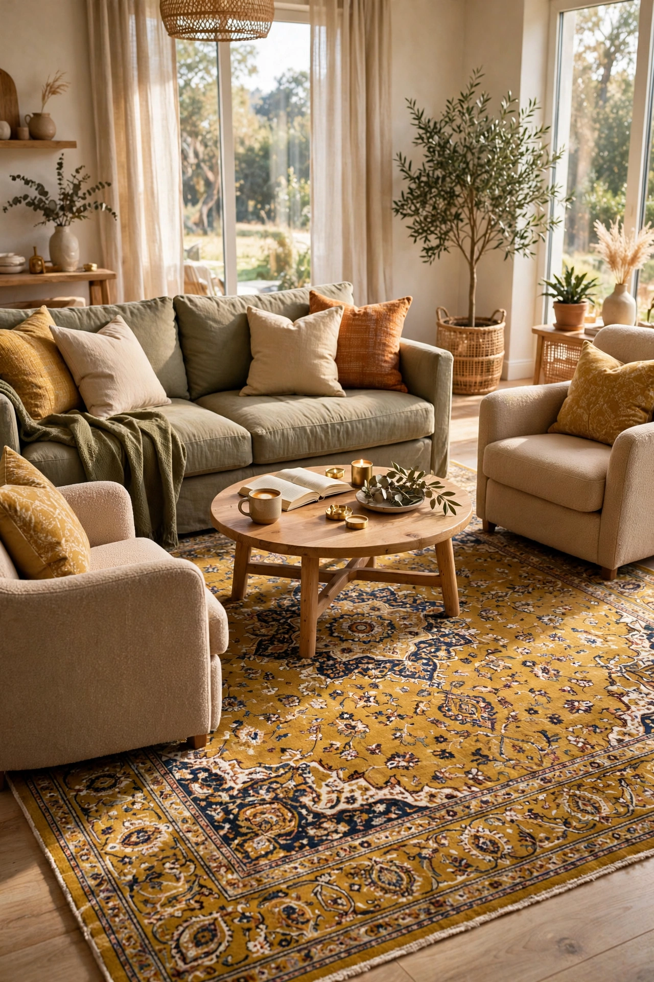 Persian style area rug with mustard pattern in living room