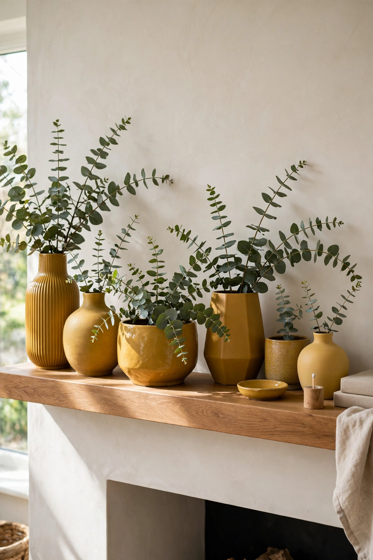 Collection of mustard ceramic vases and planters on living room mantel