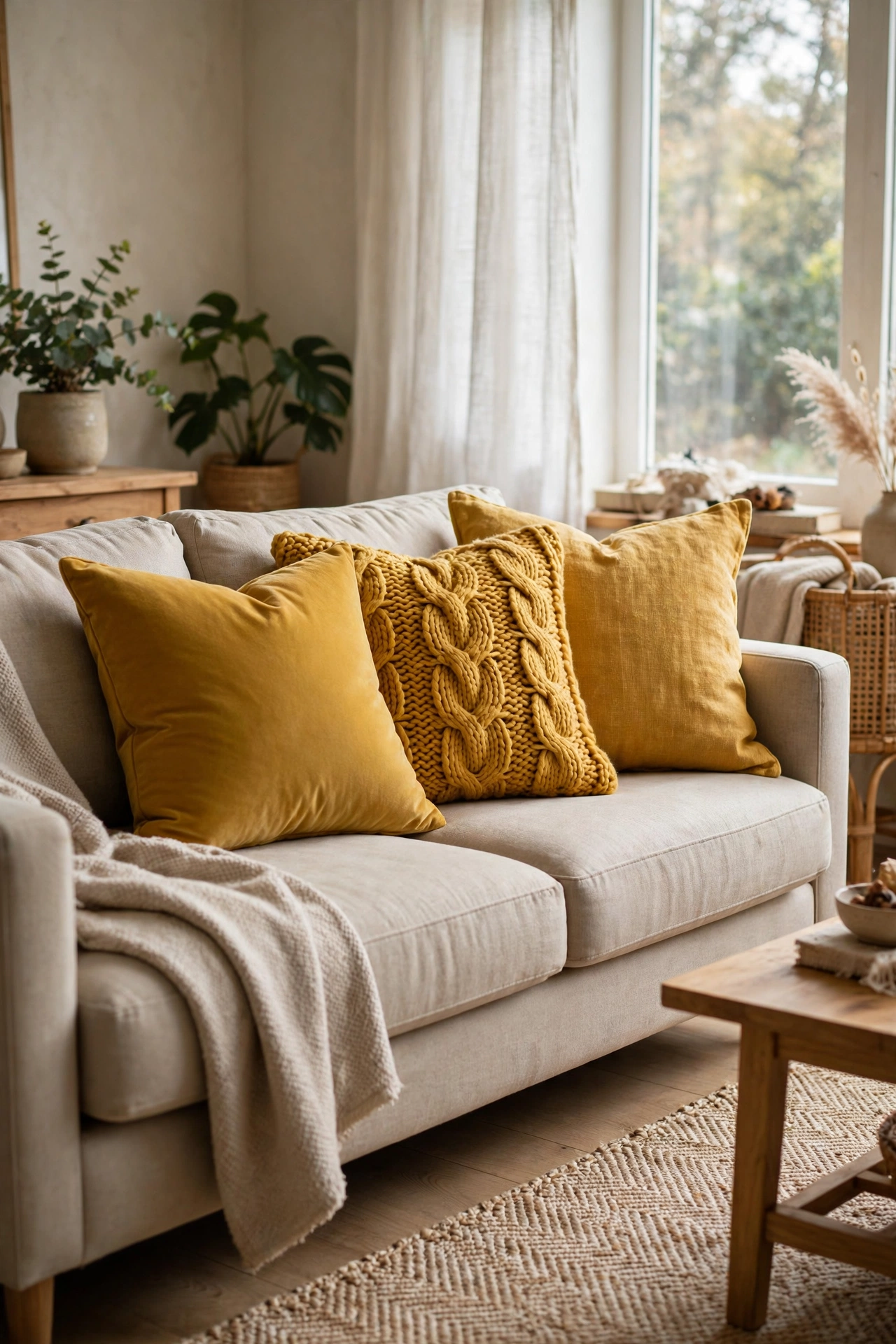 Sofa with three mustard pillows in velvet knit and linen textures