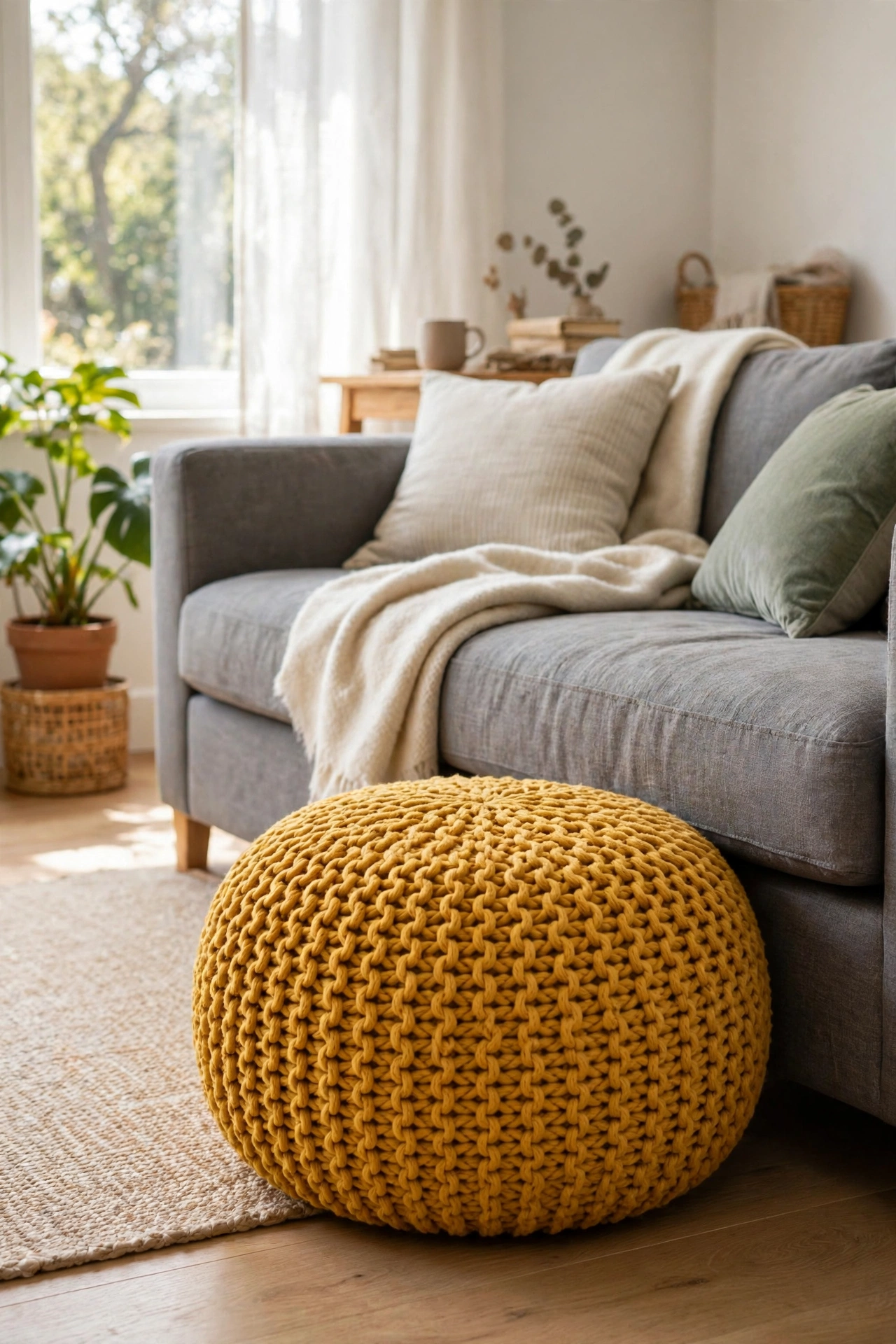 Mustard knit pouf beside sofa as extra seating in living room