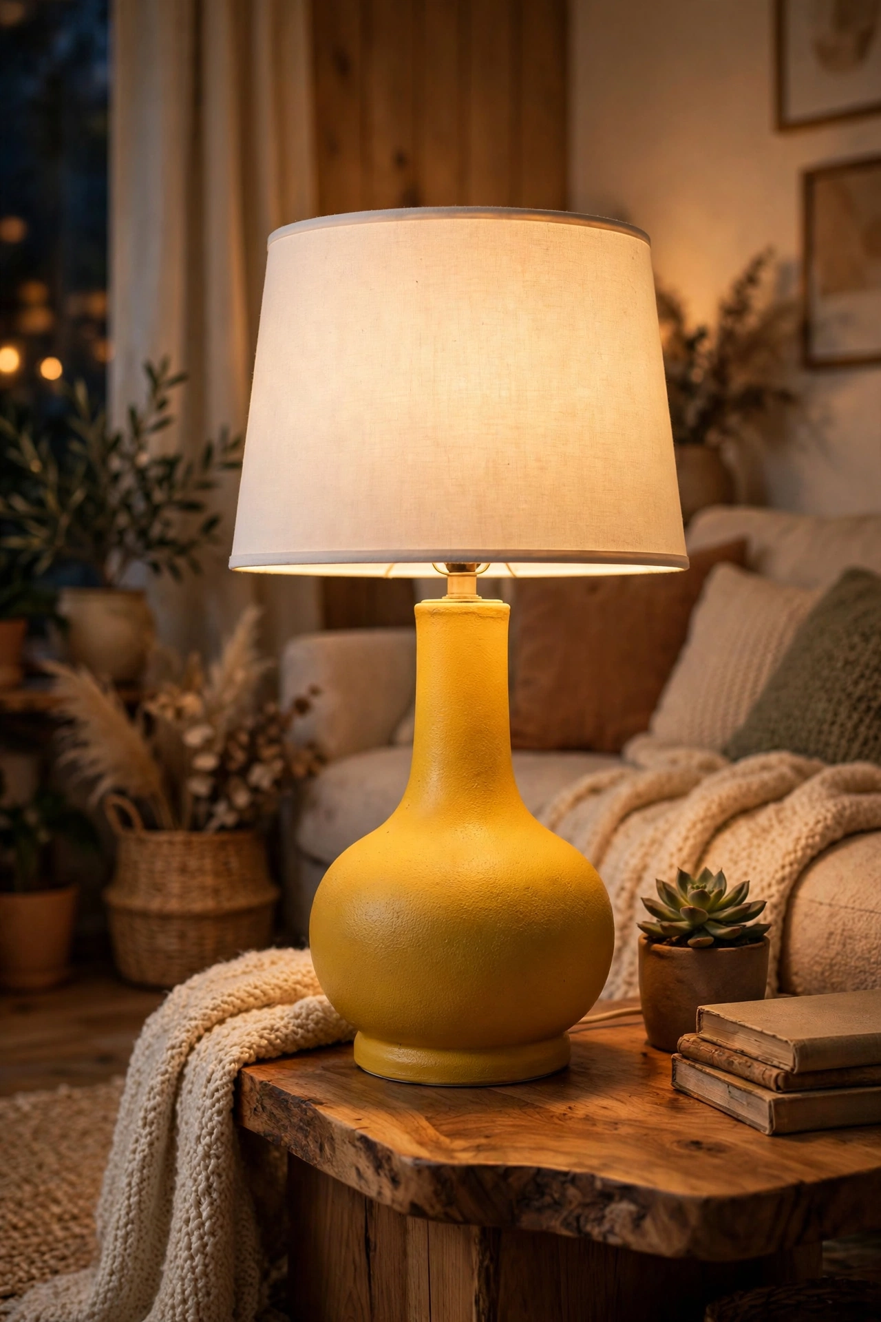 Thrifted ceramic lamp base spray painted mustard with white drum shade