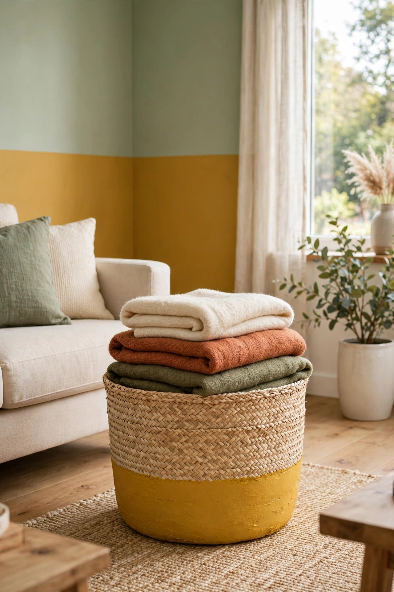 Seagrass basket with bottom third painted mustard for storage
