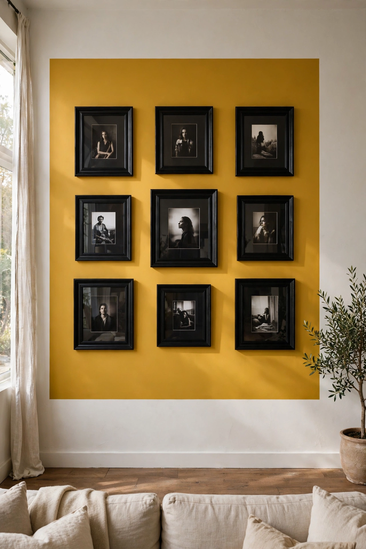 Gallery wall of black frames on large mustard painted rectangle on wall