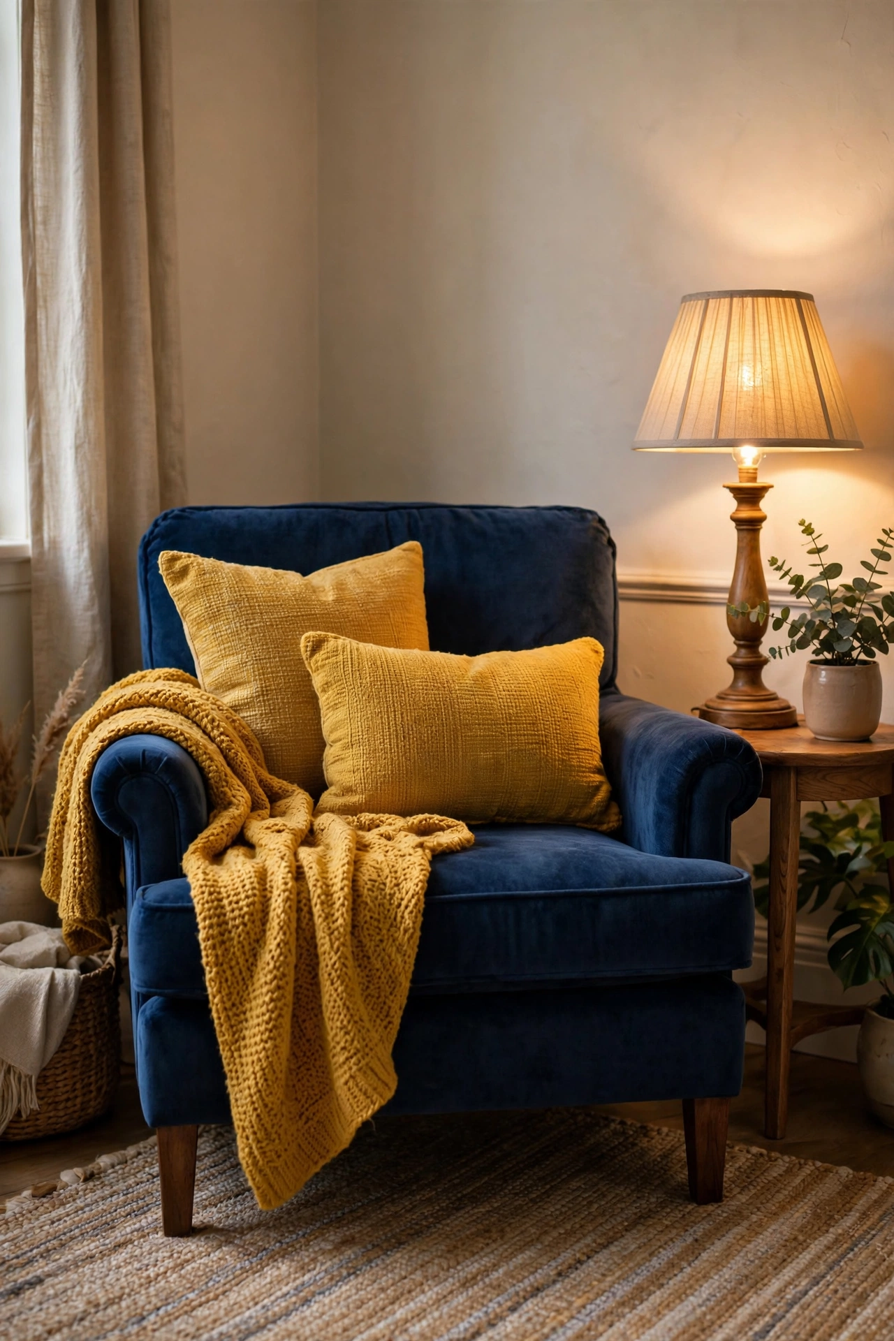 Navy armchair with mustard pillows and throw in living room corner