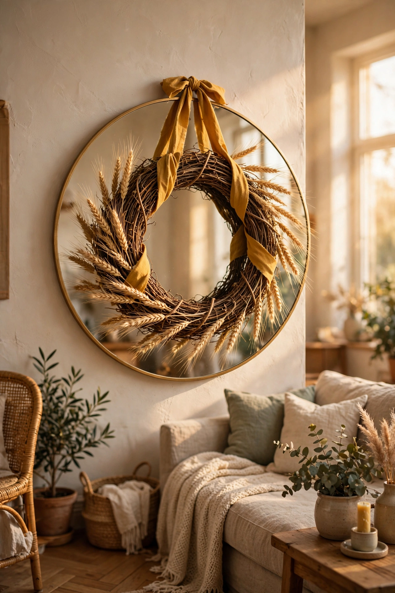 Grapevine wreath with dried wheat and mustard ribbon on living room mirror