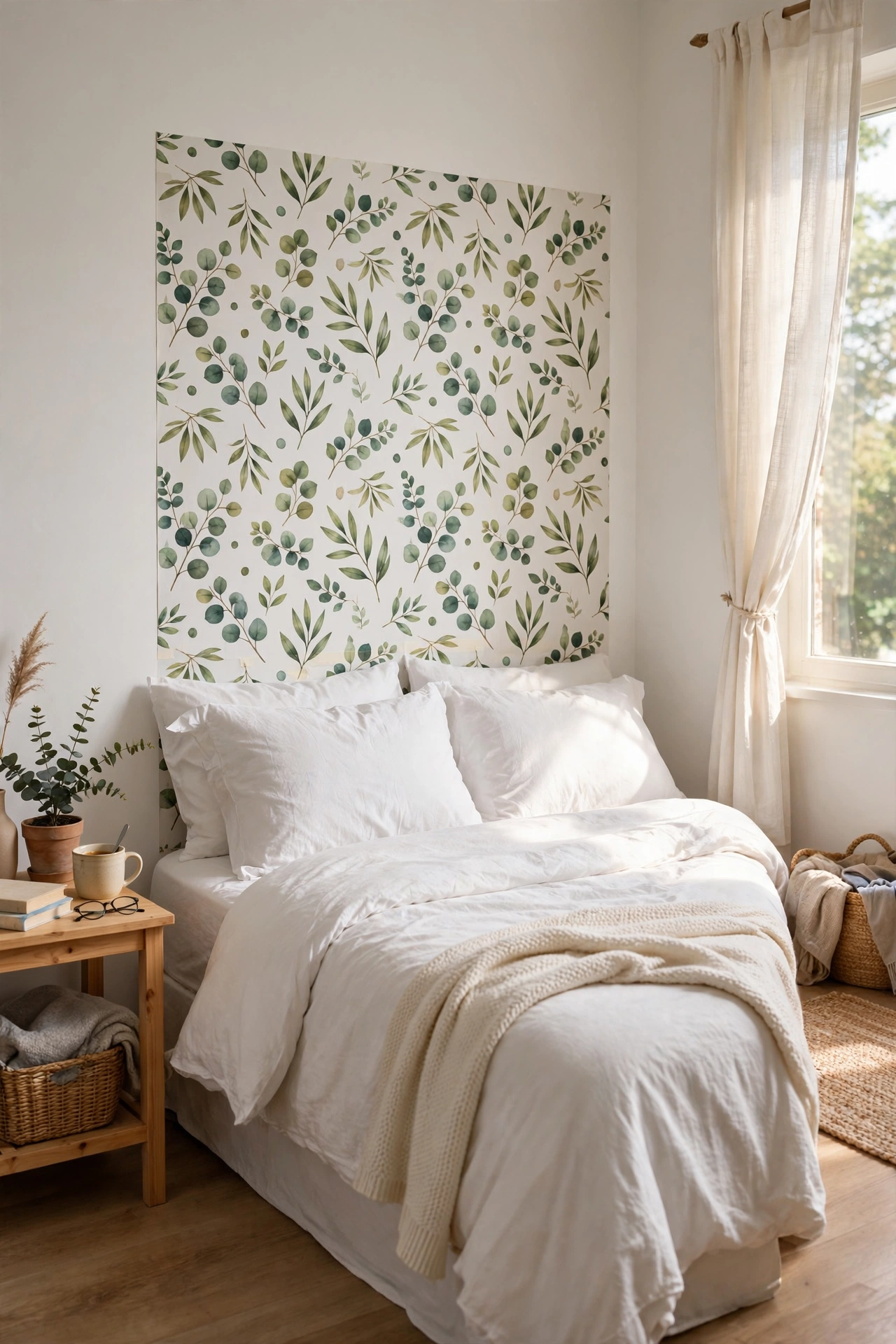 Peel and stick wallpaper accent panel behind a bed with botanical pattern