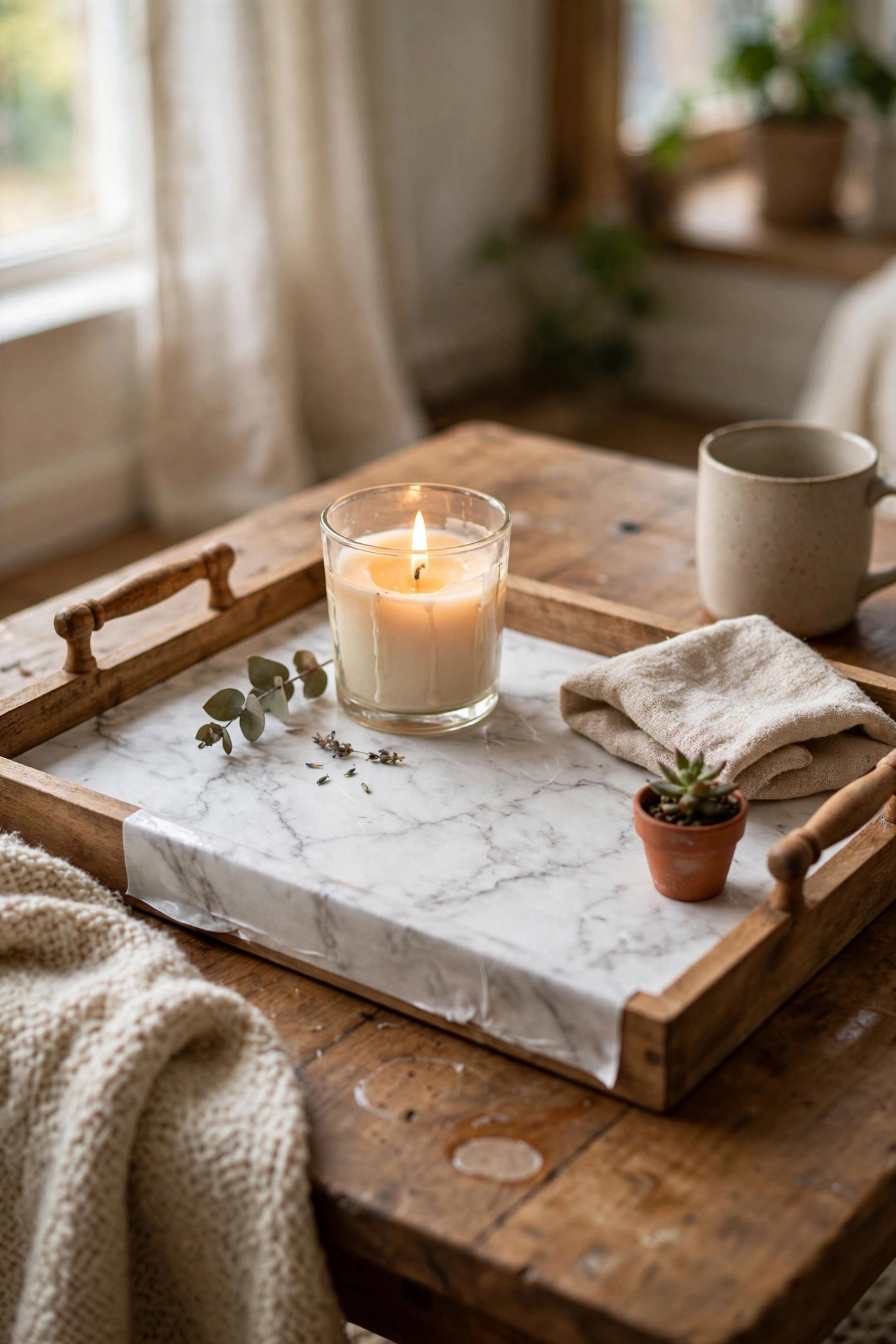 Wooden tray with marble look contact paper makeover
